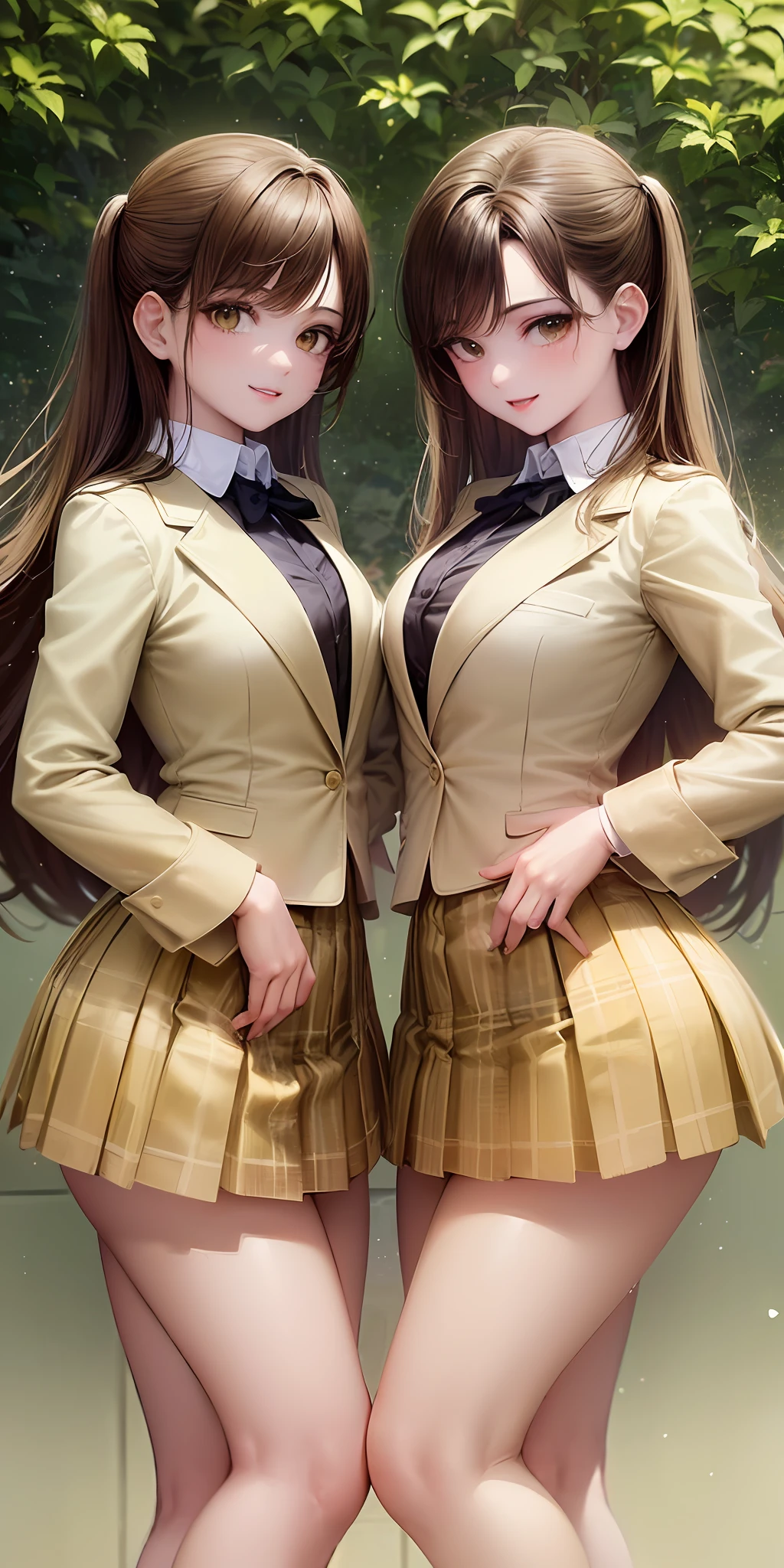 ((Masterpiece, highres)), 2girls, duo, twins, ((one brown haired girl, one blonde girl)), long hair, curly hair, matching hairstyles, different hair color, confident, elegant, proud smiles, (((matching outfits, identical outfits, yellow school uniforms, sexy school uniforms, yellow blazer, yellow short skirt, white stockings, black high heels)))