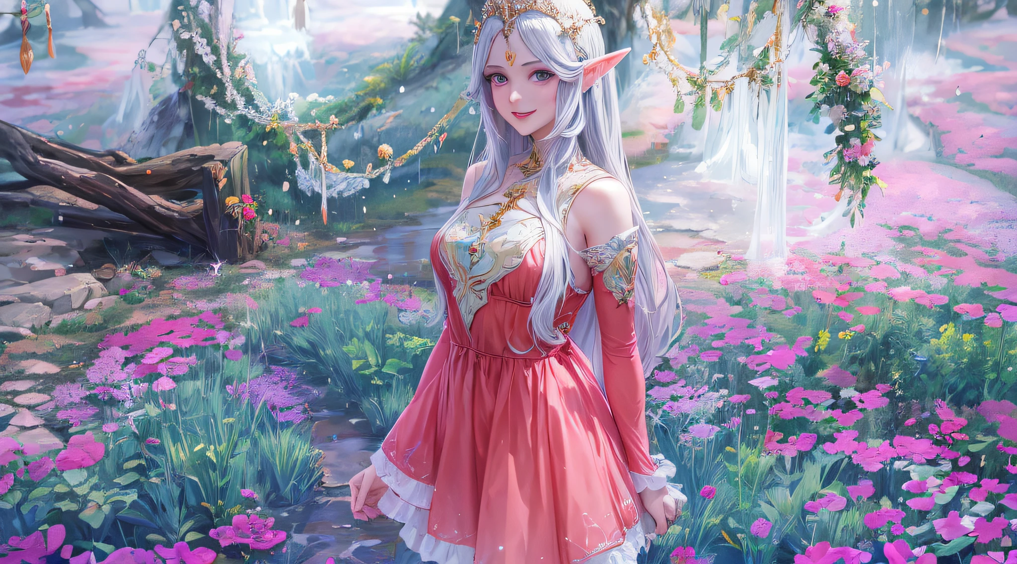 There is a woman in a red dress standing in a field, sorrindo como uma rainha de fadas, traje de fantasia, Princesa elfa, Cavaleiro elfo sedutor da princesa, Elven Princess, beautiful elven princess, na floresta cor-de-rosa, olhar de fada, princesa fada, Fada, Aion, Rainha das Fadas, Rainha Fada, (((louco))) Princesa elfa, Olhos azuis, cabelo longo loiro, Cabelo angelical, rosto angelical, rosto bonito, cabelo loiro, rosto, rosto angelical