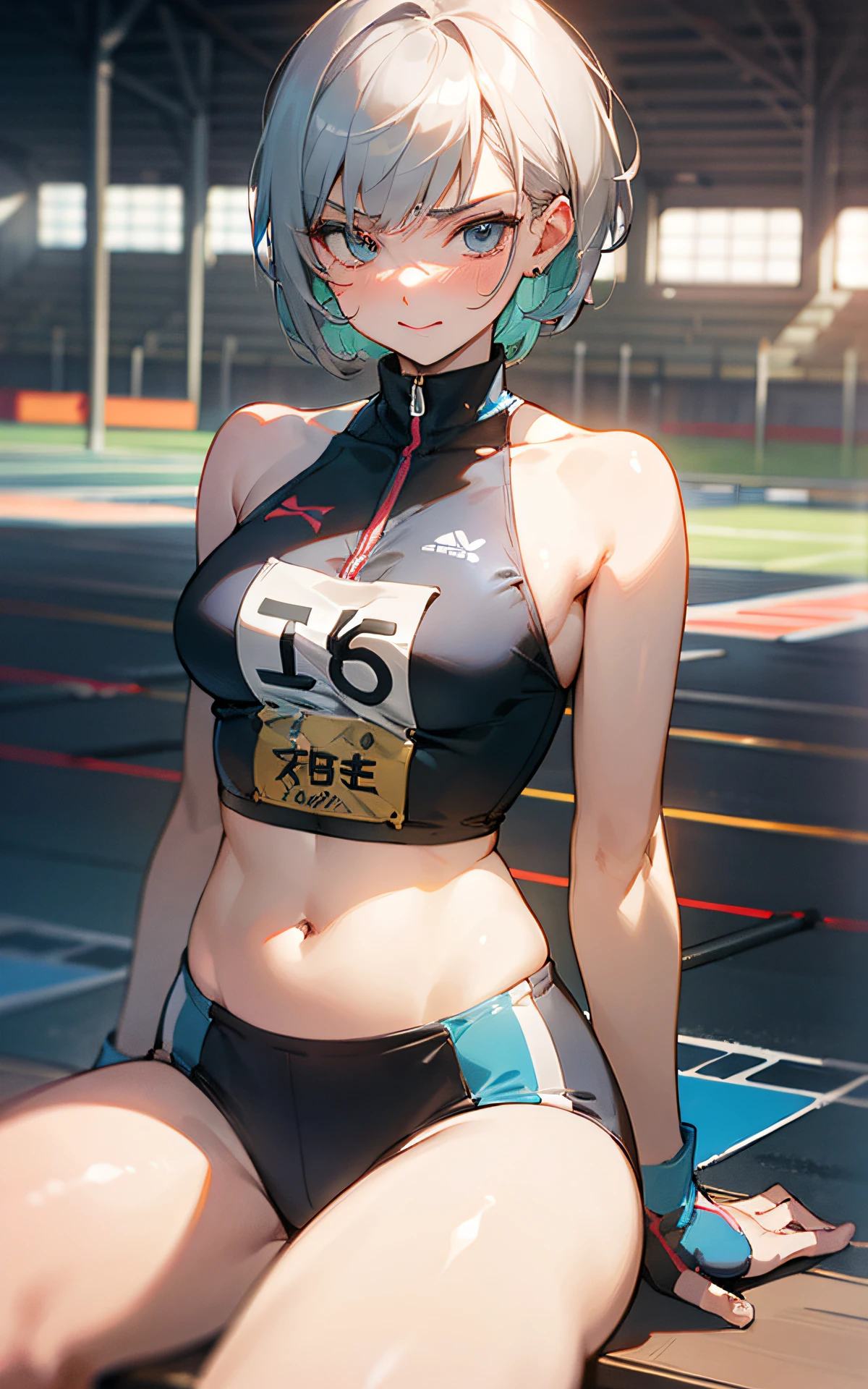 (Original Character、Unity 16K Wallpaper, Masterpiece, Best Quality, Ultra-Detailed, Extremely Detailed CG, Caustics, Cinematic Lighting, Detailed, Beautiful Detailed Eyes, solo), Ultra High Resolution, fine skin, (track and field:1.2) 、(strong light)、oily skin,smile , from front:1.2、(sexy women)、Arena、full body shot、separate、racing bloomers、show off belly,show off neck,sunny day、cowboy shot,gray hair、sit on the bench,open legs,pixie cut,blush angry,