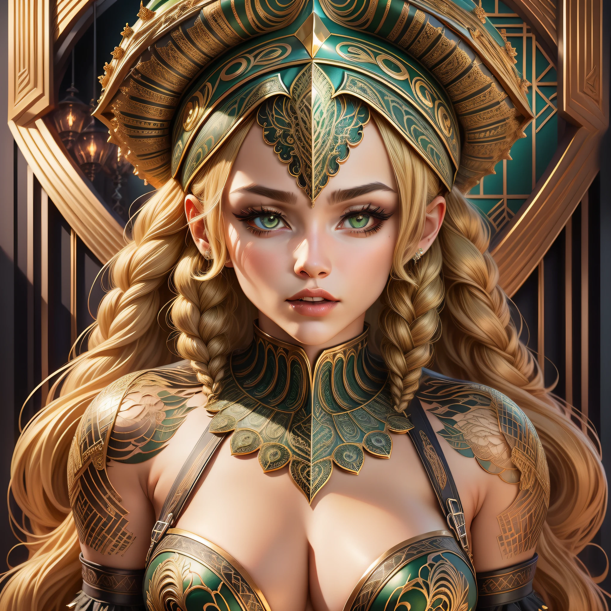 Muscular woman with blonde hair with braids, (armadura de decote verde punk medieval). Bright chrome gold lingerie with sharp reflections. Gemas. bareshoulders. Ornate red hat. Detailed lighting. Artwork. Beleza extrema. Clothing with intense colored gradient ...
Victor Espectro