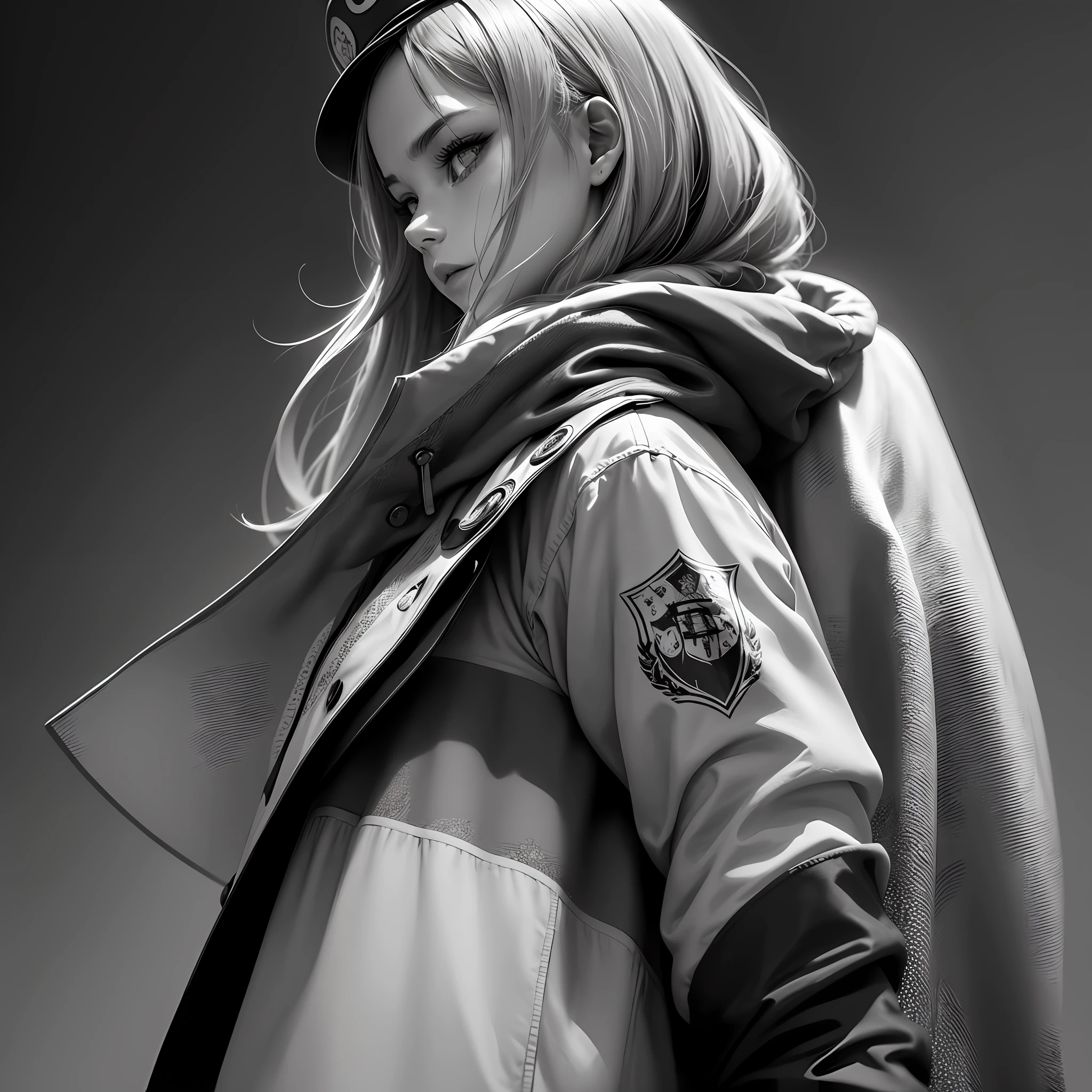 ((melhor qualidade)), ((obra-prima)), ((realista)), (1 : 1.5), The comic image of a military girl in a cap with a coat of arms with a (rosto sedutor:1.2), colorful manga style, Ultra Detalhado, Nisio Isin, Krenz Cushart, Crisp colors, nebuloso, intensidade de close-up, Hurufiyya, monochrome intensity, (Preto e branco:1.3), Eiichiro Oda, rosto limpo, seios es, decote, from the back, bunda redon