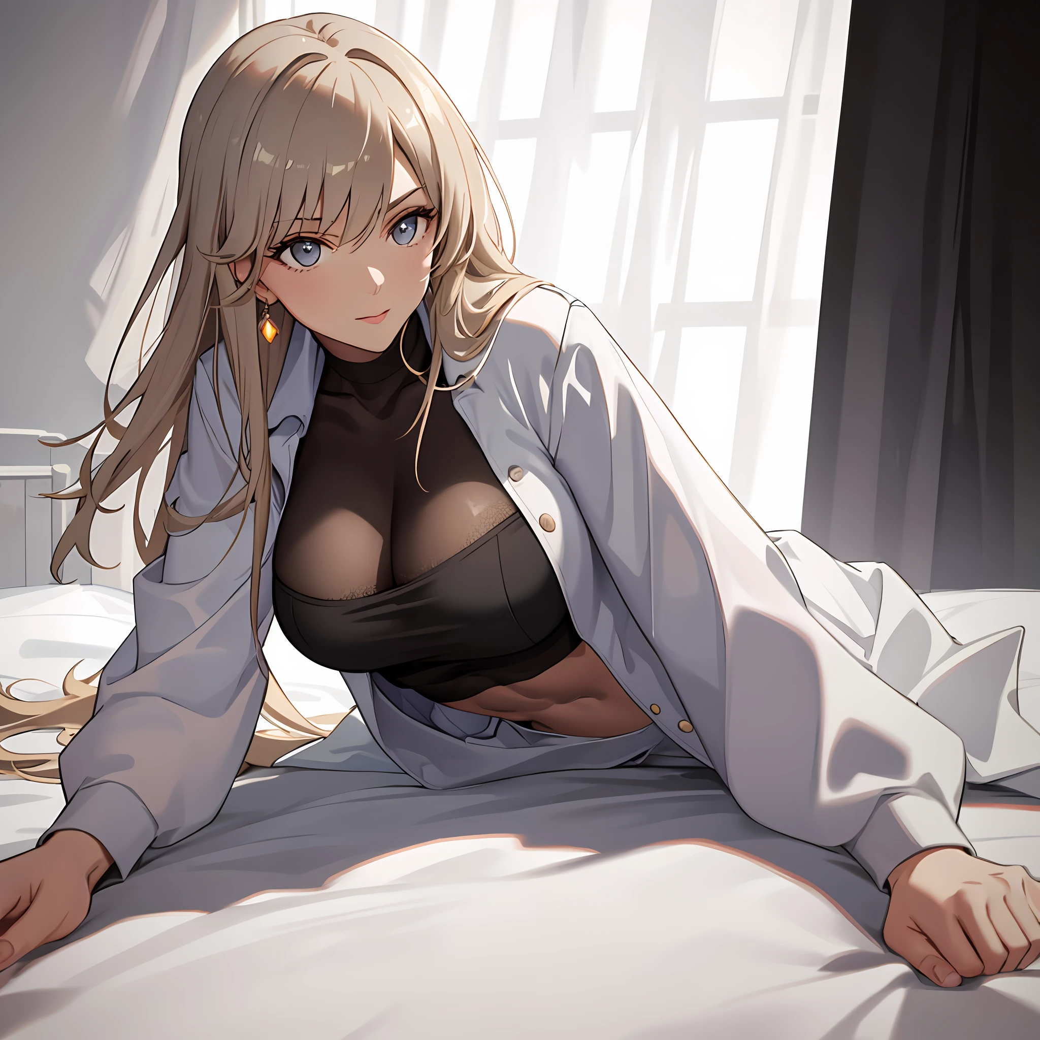 absurdres, highres, ultra detailed, (1 girl: 1.2),huge breasts, (dark tan skin: 1.4), abs: 1.25, unity 8k wallpaper,a woman, fishnet stockings, Dynamism, cinematic shot, intricate details, (liftin g jacket: 1.3), (visible skin: 1.3), casual clothes, indoors, tease, playful expression, (masterpiece, ultra highres, detailed background:1.5), (intricate surroundings: 1.3), (elaborate scenery:
1.3), (rich textures: 1.3), (detailed lighting: 1.2), (dramatic shadows: 1.2), (vivid color palette: 1.2),On the bed, lying down, body twisting, seductive pose, Dark hair, bright lighting, White clothes, white background,
