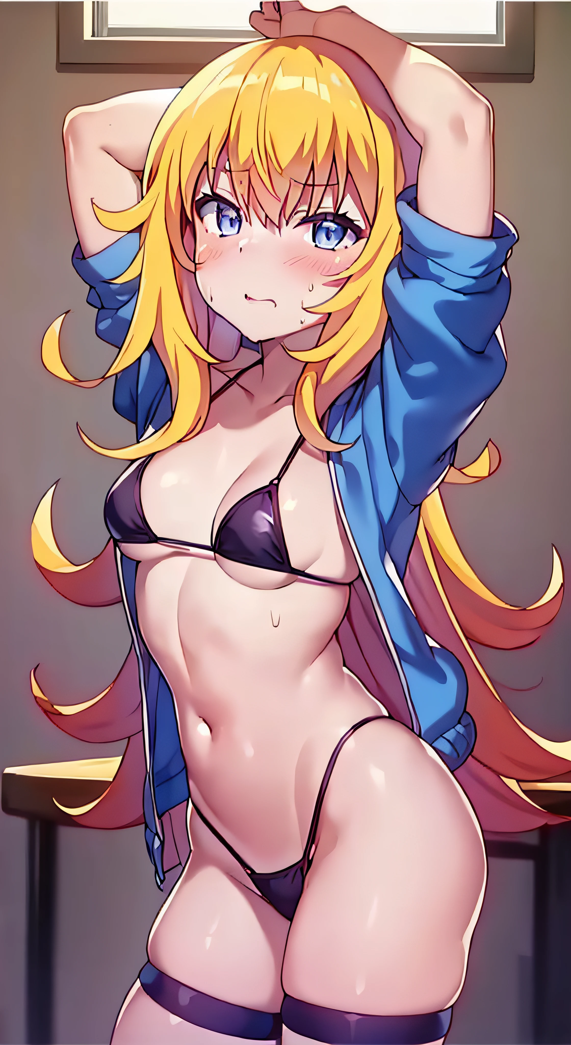 Tenma_Gabriel, calidad superior, Super Detalle Anime Super Detalle, obra maestra, Anatomically correct, manos delgadas, (rubor, sexual arousal, (aun: 1.5), Cuerpo esbelto, (sweating: 1.4), Stuffiness, Ahegao, Trogao, realistic humid skin, (cuerpo empapado: 1.3), ojos detallados, erotic, Axilas, dormitorio, iluminado, transparente, (lactancia: 1.6), (solamente ropa interior blanca: 1.6), rayas en la entrepierna, Visible through lingerie, masturbation, piernas visibles, seduction, Suelas, (piernas en forma de M: 1.5), condescendientes, hasta la rodilla, 1girl, Cabello largo, solamente, Micro Bikini, sobre la cama, cuerpo completo, pecho copa mediana, cabello rubio, small breasts, cabello dorado, pies bonitos, echada sobre la cama, cuerpo completo, pezones marcados, girl's body, baja estatura,