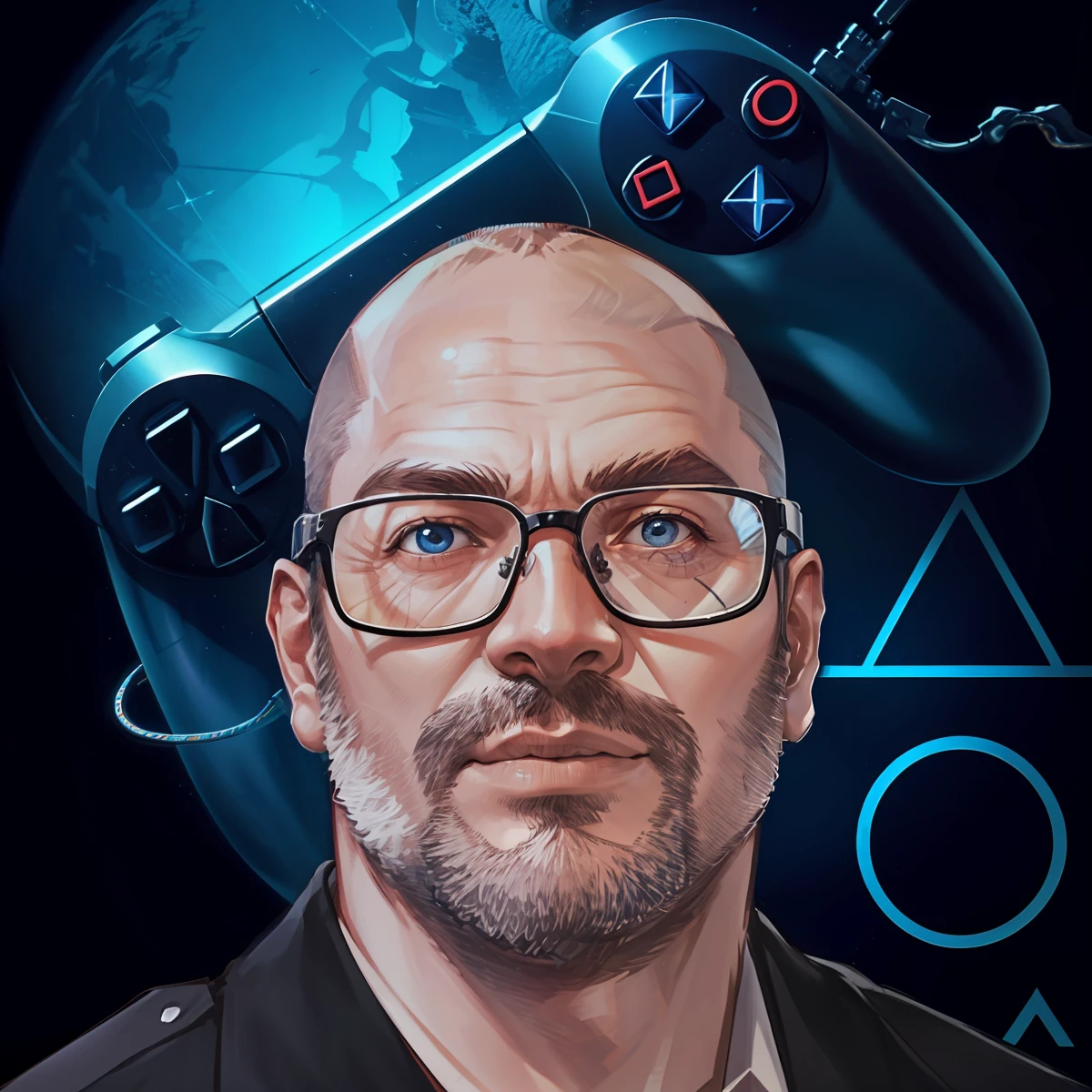 There's a man with glasses and a video game controller, Avatar de videogame, Streamer do Twitch / Jogador Ludwig, foto de perfil 1024px, na PS5, Retrato NFT, foto de perfil headshot, imagem do avatar, Greg Beeple, CEO da Microsoft Gaming ( xbox ), foto de perfil, PS5, PS 5, Phil Spencer, Carregado