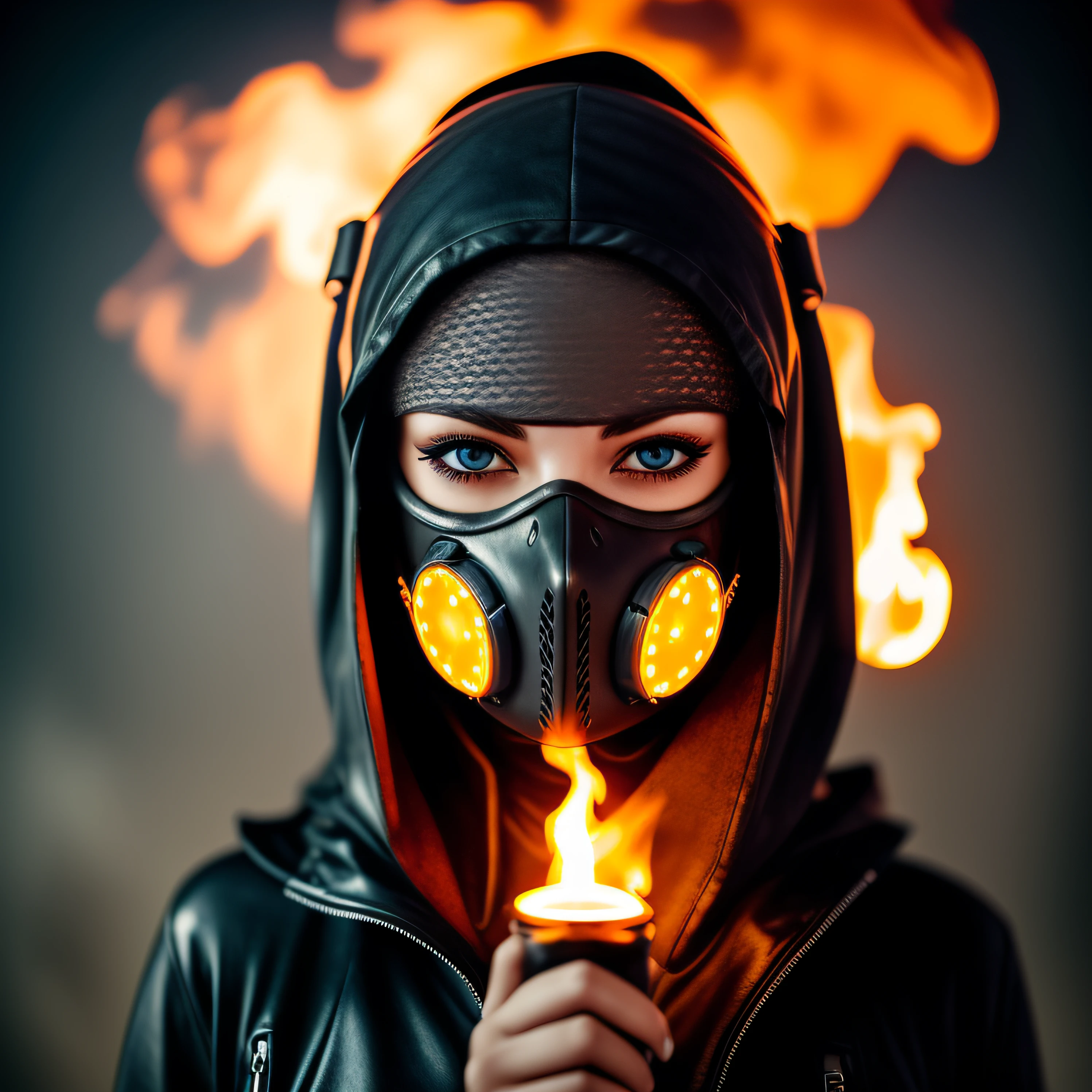 a photo of a post apocalyptic woman with a glowing mask gas on her face, portrait photo, Futuristic Clothes --auto