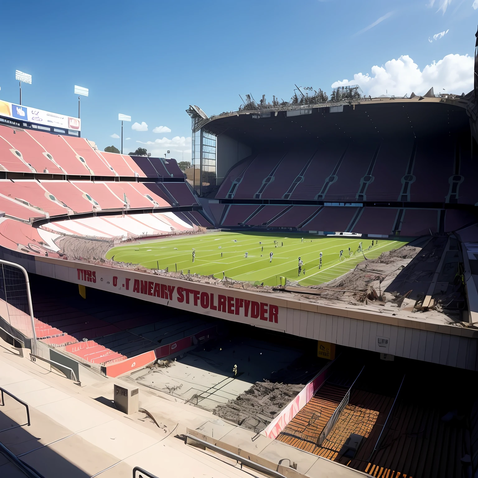 Arafed view of a football stadium with a green field, 3 / 4 tiros largos, Directed by: Jeffrey Smith, stadium landscape, 2 0 2 2 foto, Directed by: Tom Palin, Directed by: John Armleder, demolition, Directed by: Dan Frazier, Directed by: Scott M. Fischer, altamente detalhado, california;, tiro largo detalhado, football stadium, tiradas em 2022