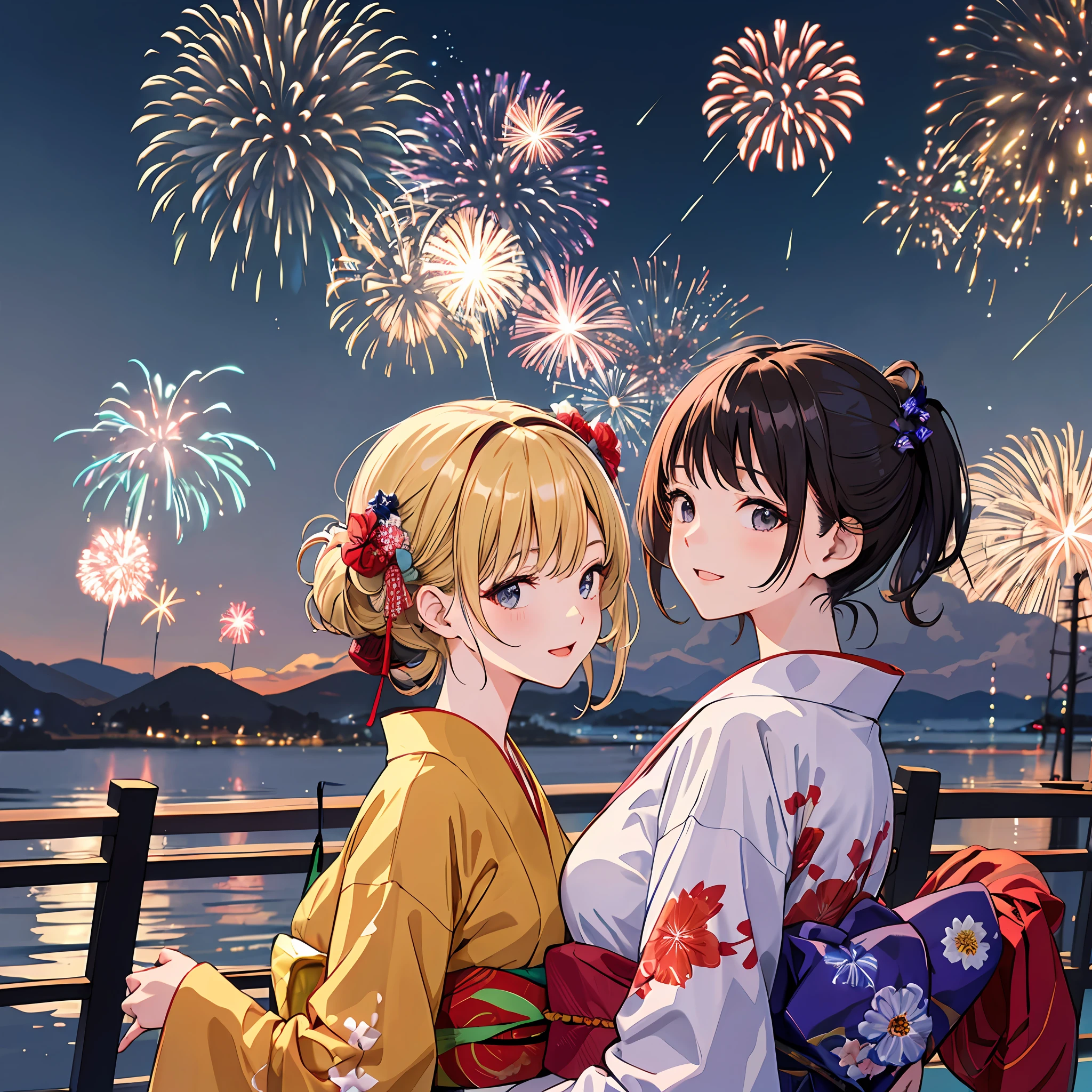 There is a woman wearing a yukata, Watch a spectacular fireworks display. Fireworks are huge and、Symbolizes the summer nights of the Japan's traditional festivals. (((Woman impressed while staring at fireworks))). (Illustrations are of high quality).((Transparent overall)),Fireworks are brilliant