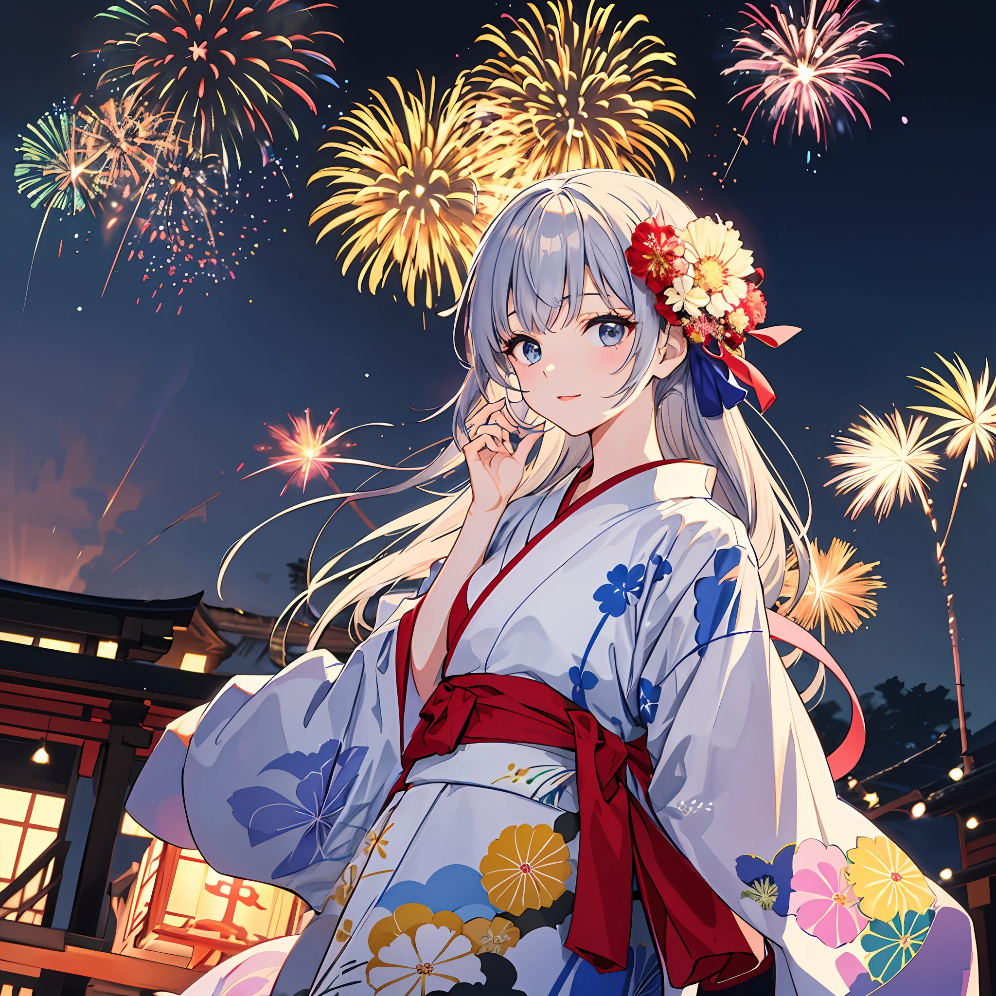 There is a woman wearing a yukata, Watch a spectacular fireworks display. Fireworks are huge and、Symbolizes the summer nights of the Japan's traditional festivals. (((Woman impressed while staring at fireworks))). (Illustrations are of high quality).((Transparent overall)),Fireworks are brilliant