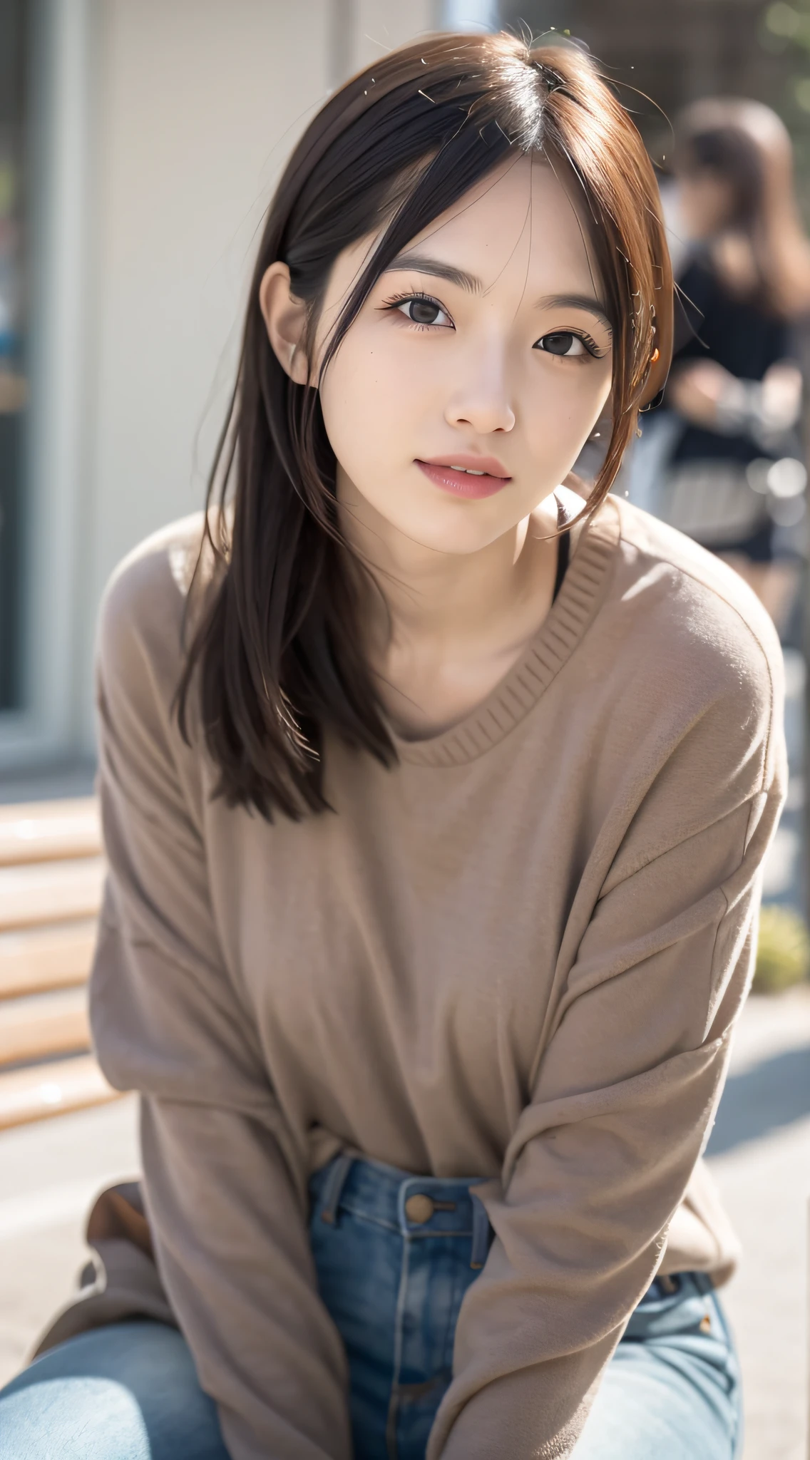 mix4, 20 days, Solo, Long_Hair, Nanase Nishino, Haruka Kaki, park, bench, Seated, (8K, RAW photography, Best quality, Masterpiece:1.2), (Realistic, Photorealistic: 1.37), Professional lighting, photon maping, Radio City, physically-based renderingt