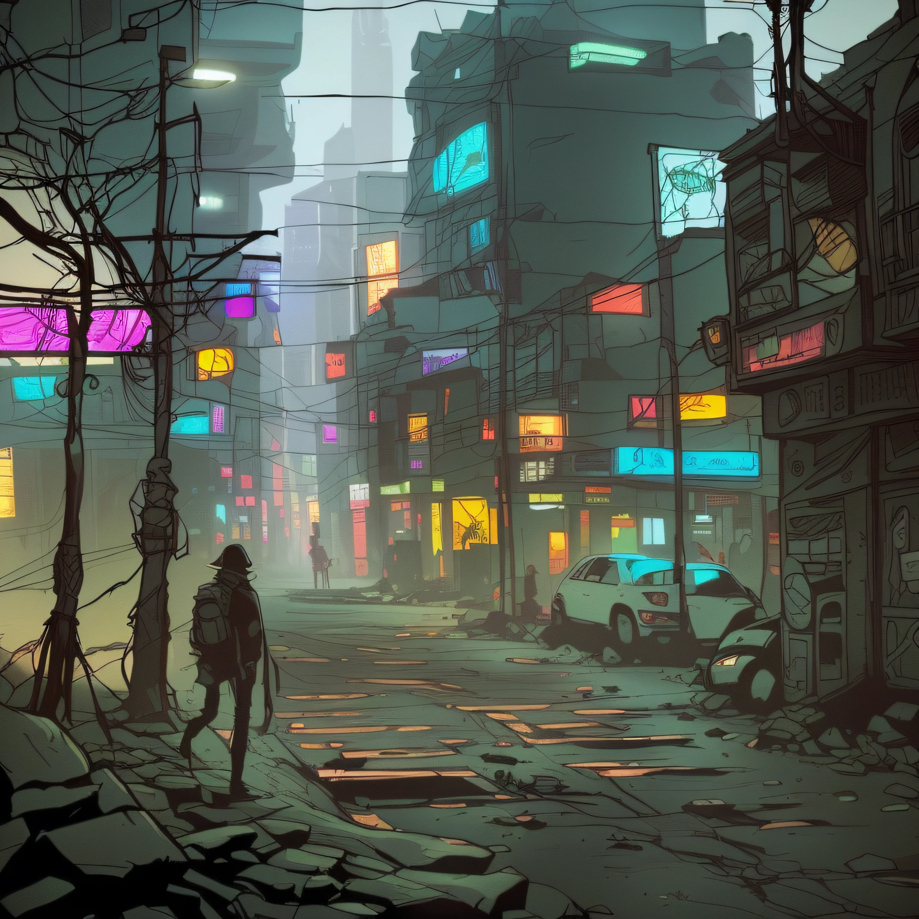 uma pessoa ao centro. Uma paisagem urbana steam-cyberpunk densamente povoada. com tema dark, horror e cores escuras - fazendo contraste com contornos de vermelho neon --auto