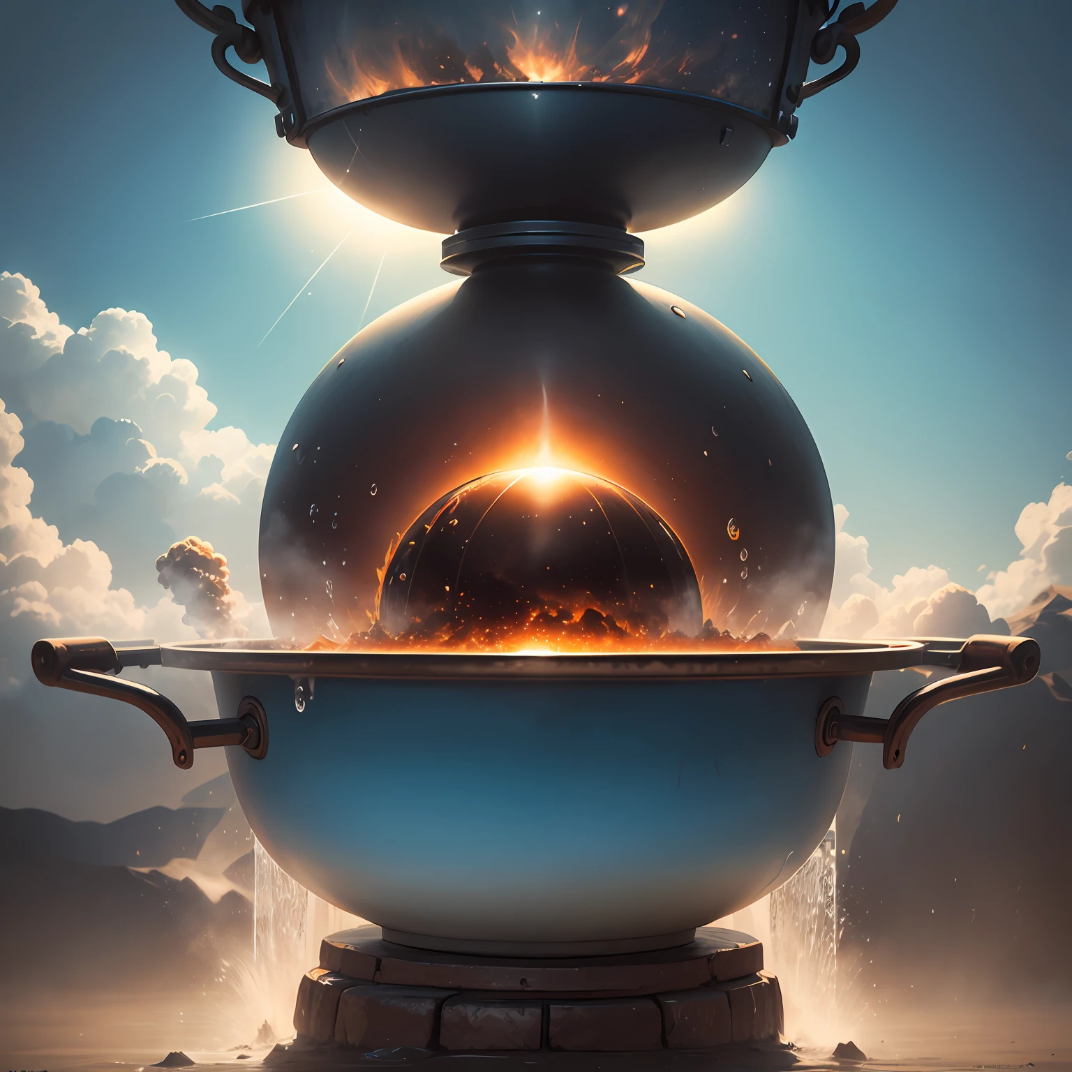 Boots emulating Europe and Italy, which are currently experiencing blistering heat, are being simmered in an enormous iron cauldron. The backdrop showcases a colossal sun radiating intense solar flares. Steam billows forth, infusing the air with an even more stifling and humid atmosphere. Droplets of moisture drip from the boots' leather, while a palpable heat haze envelops the surroundings. The air is heavy with moisture, and with each scorching breath, a sense of suffocation intensifies. Shimmering heatwaves ripple through the sky, against a backdrop of a vivid blue, evoking a tropical ambiance. This spectacle epitomizes the sweltering and muggy conditions to perfection --auto