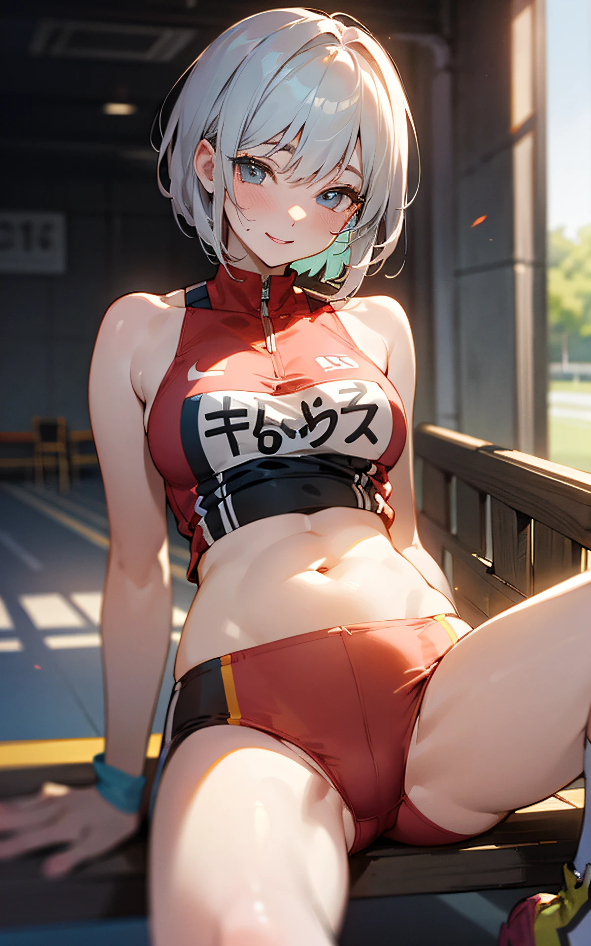(Original Character、Unity 16K Wallpaper, Masterpiece, Best Quality, Ultra-Detailed, Extremely Detailed CG, Caustics, Cinematic Lighting, Detailed, Beautiful Detailed Eyes, solo), Ultra High Resolution, fine skin, (track and field:1.2) 、(strong light)、oily skin,smile , from front:1.2、(sexy women)、Arena、full body shot、separate、racing bloomers、show off belly,show off neck,sunny day、cowboy shot,gray hair、sit on the bench,open legs,Short bob,blush