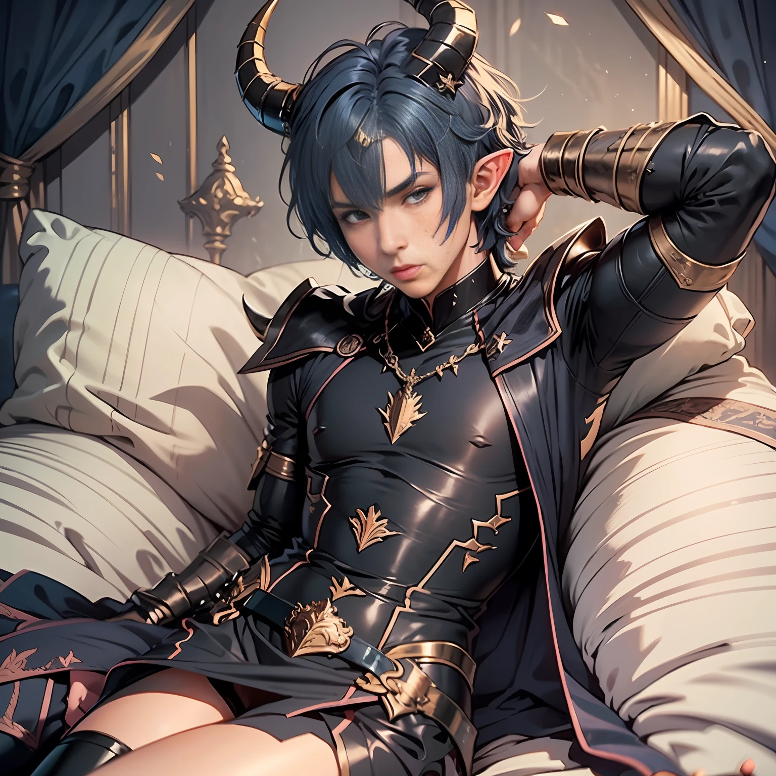 black horns on head ,Dark blue hair, short hair, prince, black outfit, femboy, male elf, laying down, fantasy, fantasy setting, solo, legs spread, masculine elf face