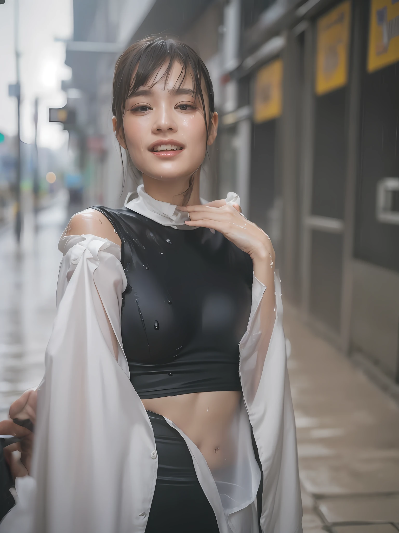 ((Best quality, 8k, Masterpiece: 1.3)), Sharp focus: 1.2, A beautiful woman with perfect body: 1.4, Slim abdomen: 1.2, ((Layered haircut, Large breasts: 1.2)), (no bra) (Small and beautiful hard nipple) (Thin and damp button up to shirt length: 1.1), (White shirt wet by rain), (Rain, Street: 1.2), Wet body: 1.1, Highly detailed face and skin texture, Detailed eyes, Double eyelid, tanned skin, sexy, tan