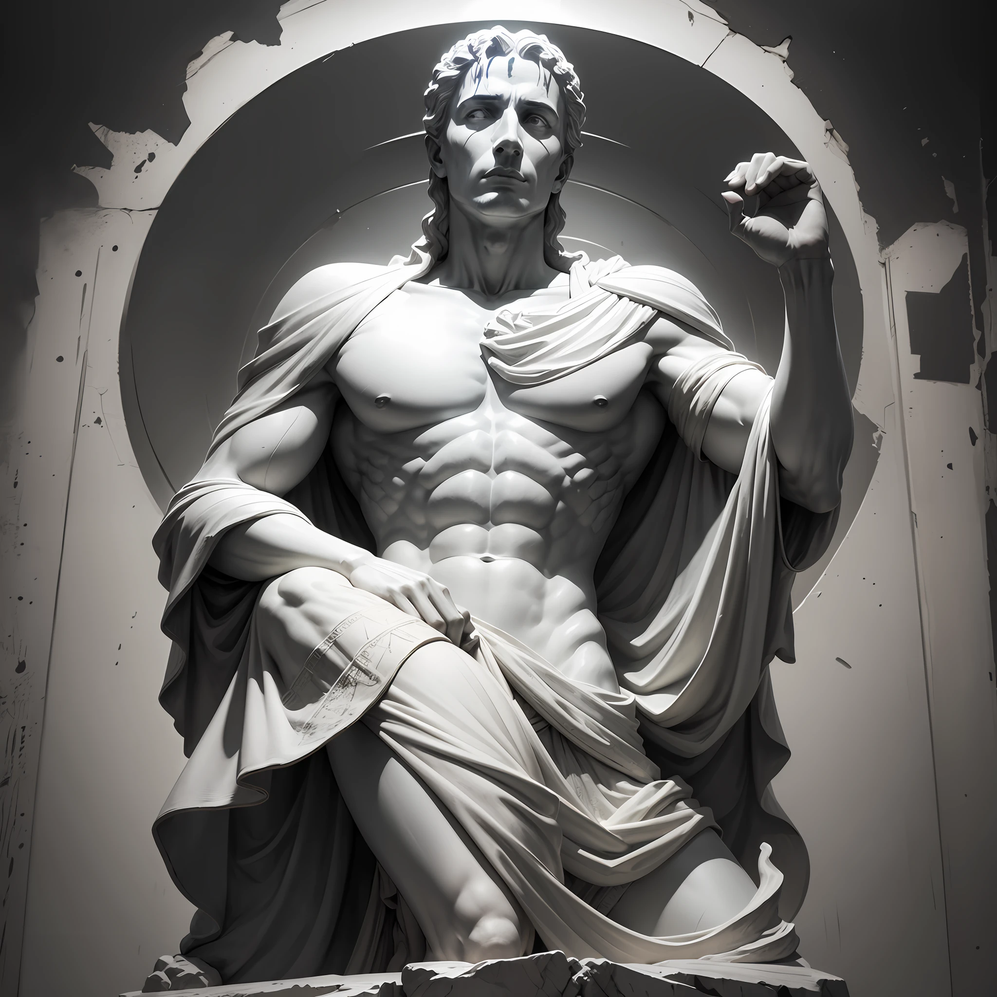 A realistic full-length Greek black-and-white marble statue of Julius Caesar wearing a ghostly toga, fundo neutro, Moody, , fotorrealista, cinematographic scene, super detalhada, hiper realista, luzes brilhantes, 8 K --auto --s2