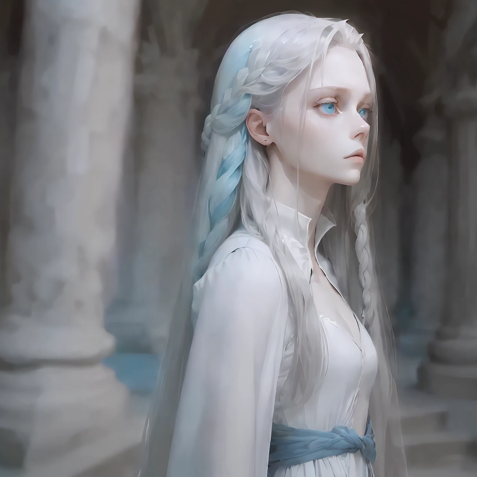 Manteau blanc, White skin, Hair，Long straight hair，Blue eyes，Look up，The upper part of the body，Need，​masterpiece --auto