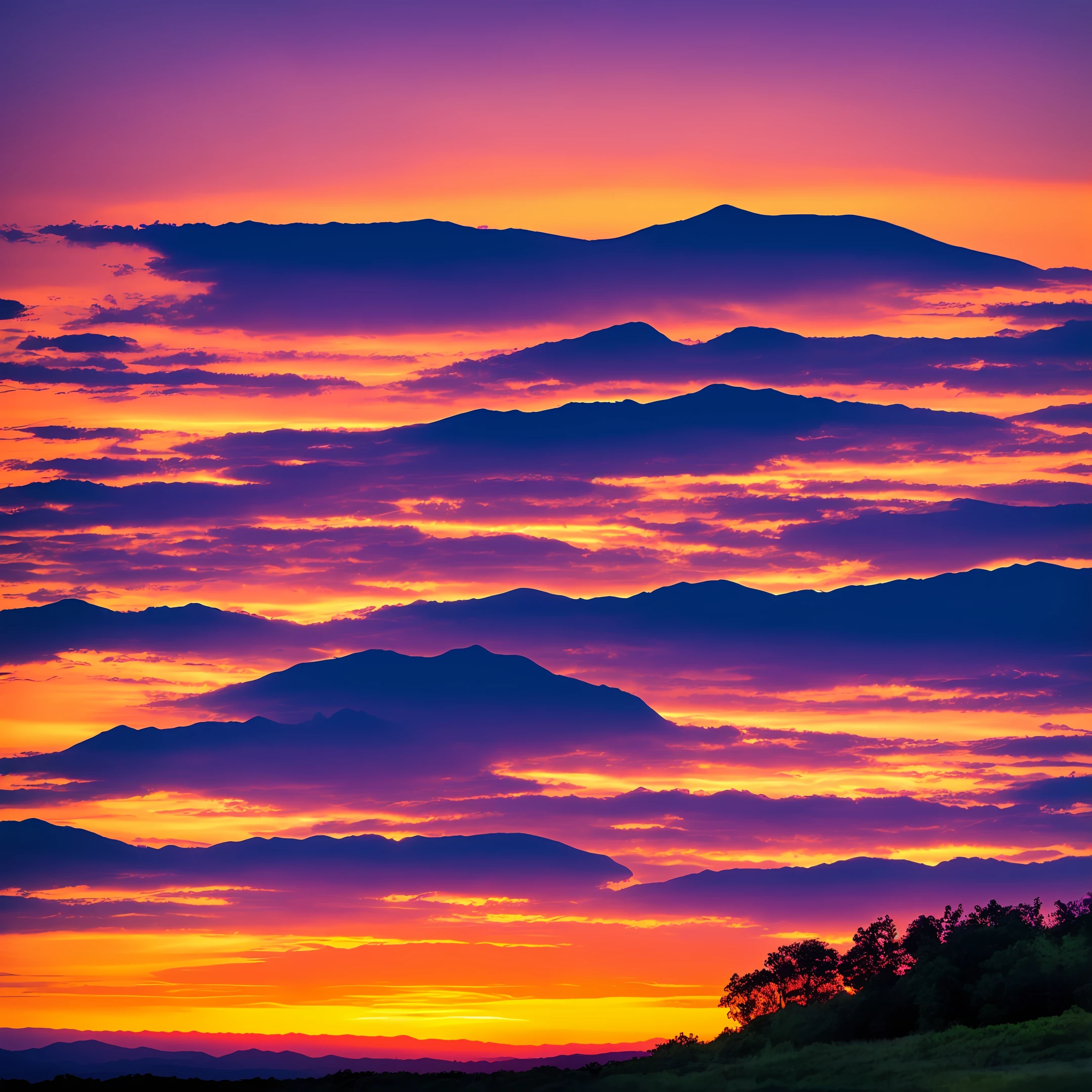 Lofty mountains, colorful sunset, blue sky and white clouds，Overlooking