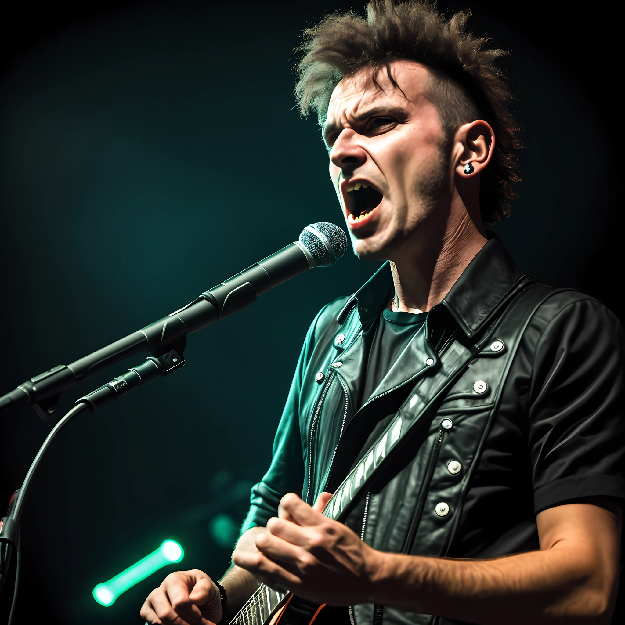 ROCKSTAR 1MAN at the show Shouting with Microphone in hand and wearing gothic clothes, Close-up, realista, fotorrealista, luzes de neon, crowd, profundidade de campo, rock anos 80, Punk rock