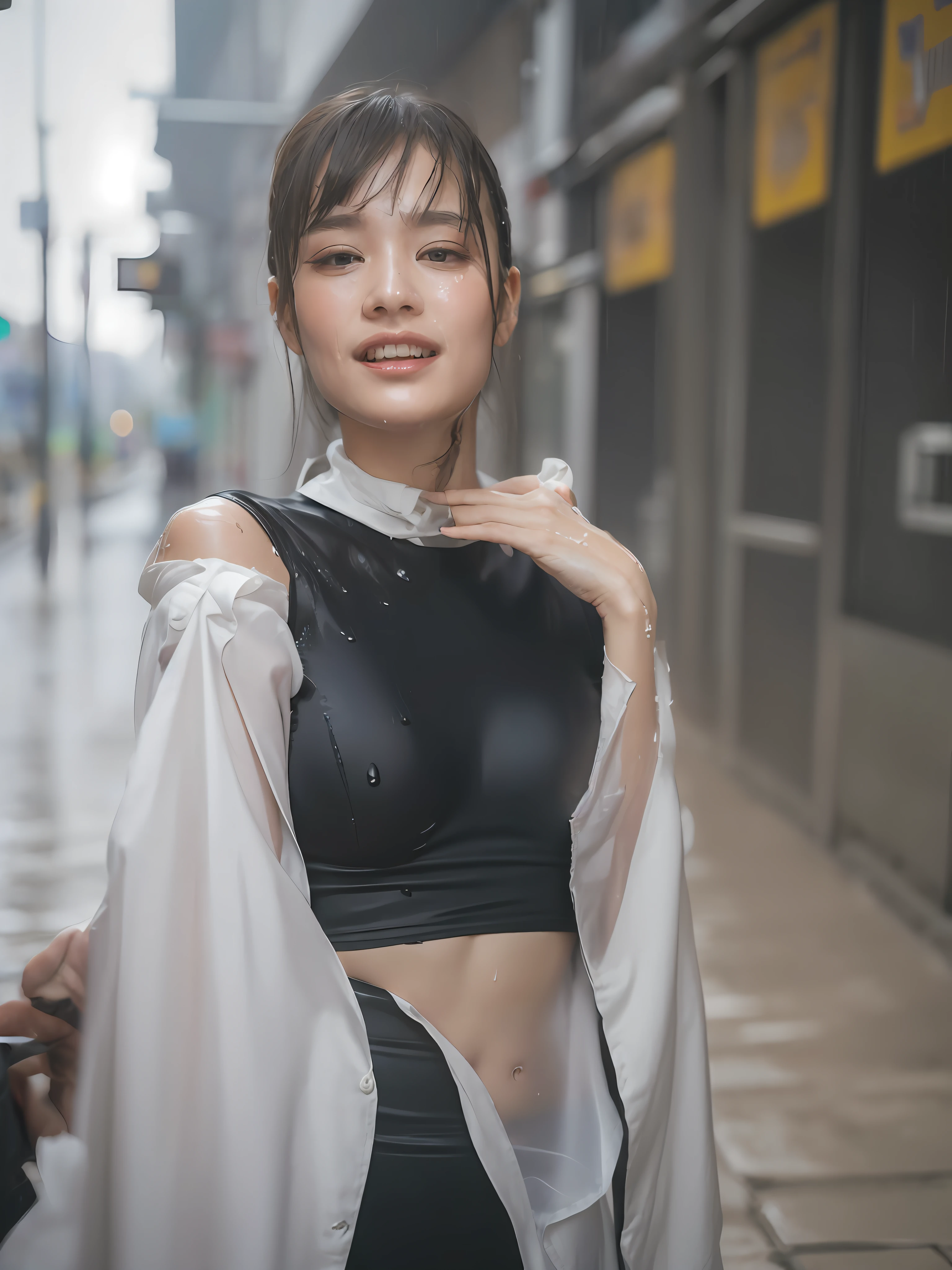 ((Best quality, 8k, Masterpiece: 1.3)), Sharp focus: 1.2, A beautiful woman with perfect body: 1.4, Slim abdomen: 1.2, ((Layered haircut, Large breasts: 1.2)), (no bra) (Small and beautiful hard nipple) (Thin and damp button up to shirt length: 1.1), (White shirt wet by rain), (Rain, Street: 1.2), Wet body: 1.1, Highly detailed face and skin texture, Detailed eyes, Double eyelid, tanned skin, sexy, tan