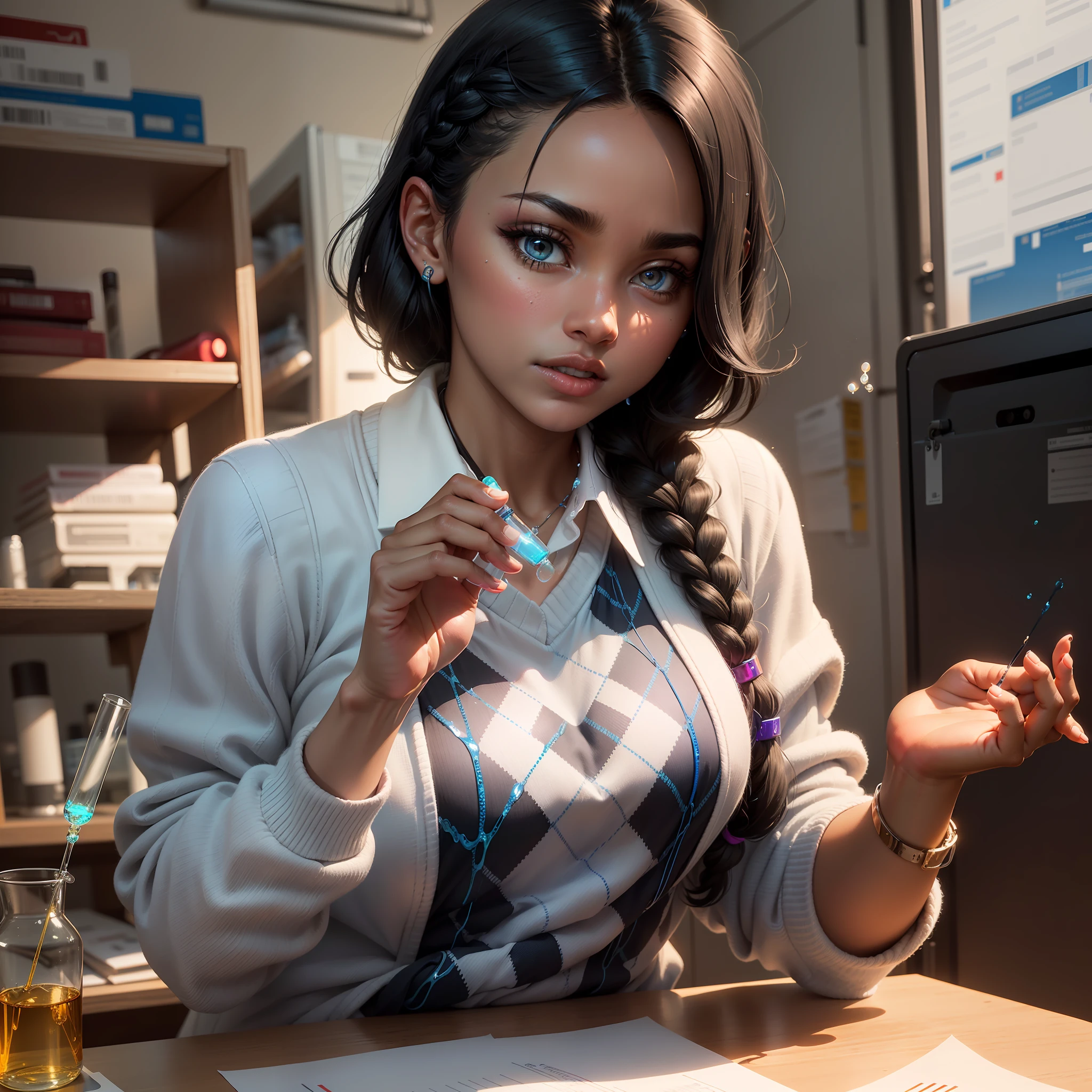 (dramatic illumination, dynamic angle, intense color contrast), (young black woman with black hair in braid pulled over left her left shoulder, brown eyes: 1.2), (holding a test-tube containing blue glowing liquid in right hand:1.2), (wearing blue argyle patterned sweater white collar shirt: 1.1), (in school science lab: 1.1)