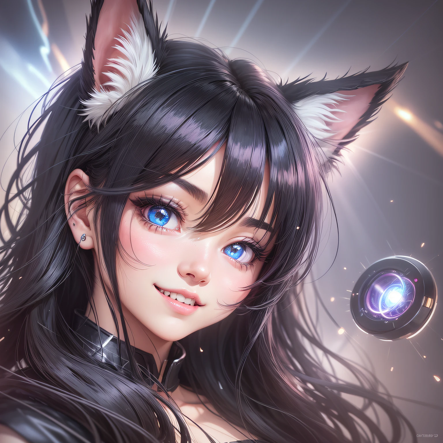 black hair, hair bobbles, wince, longeyelashes, solid circle eyes, fake animal ears, light smile, ear blush, fang, streaked hair, cat ears, Surrealism, drop shadow, anaglyph, stereogram, tachi-e, pov, atmospheric perspective, 8k, super detail, ccurate, best quality, high details, highres, UHD --auto