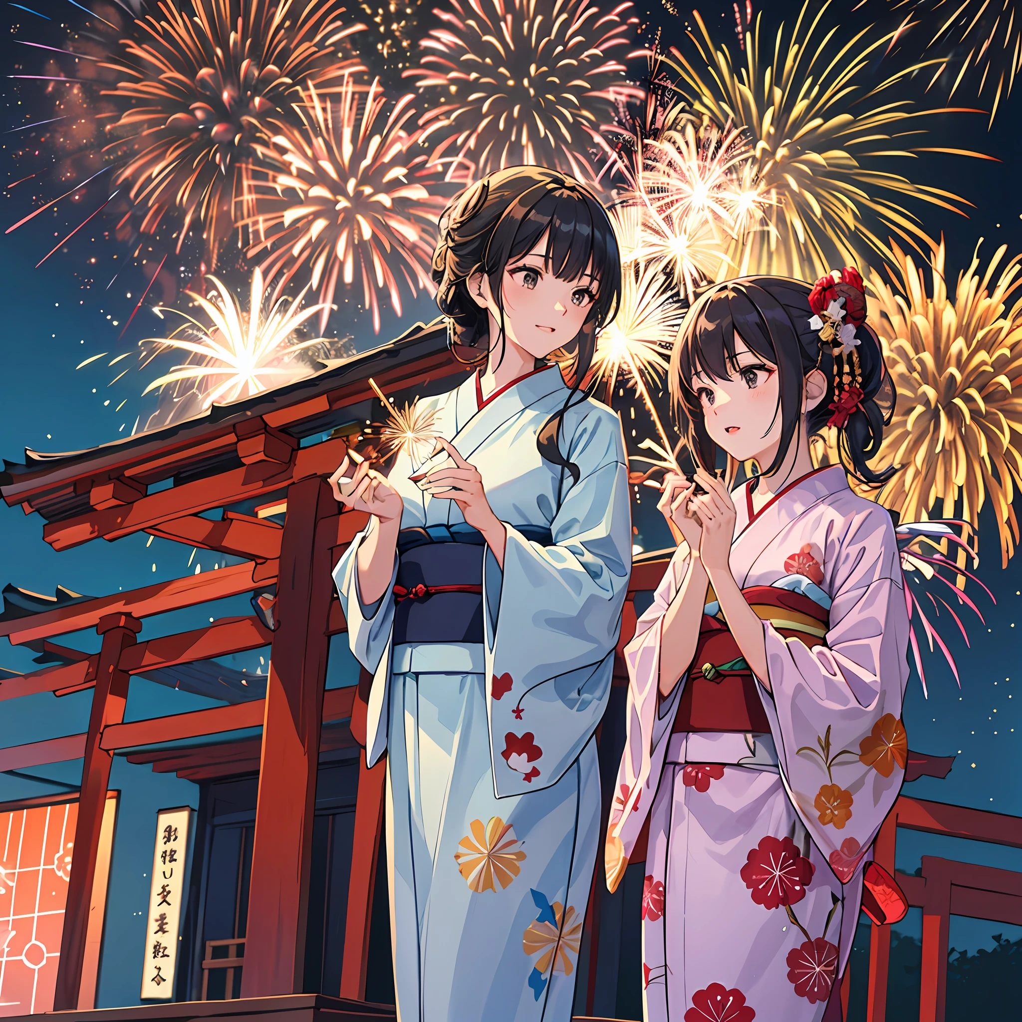 There are two women wearing yukata robes, Watch a spectacular fireworks display. Fireworks are huge and、Symbolizes the summer nights of the Japan's traditional festivals. (((Woman impressed while staring at fireworks))). (Illustrations are of high quality).((Transparent overall)),Fireworks are great.