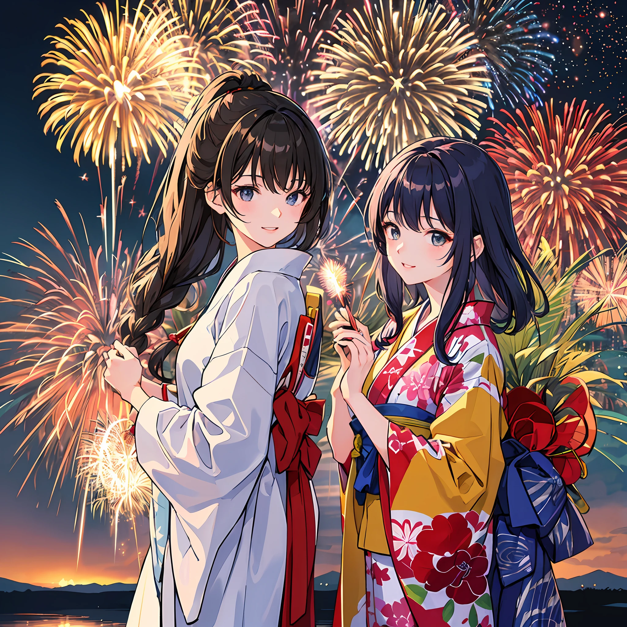 There are two women wearing yukata robes, Watch a spectacular fireworks display. Fireworks are huge and、Symbolizes the summer nights of the Japan's traditional festivals. (((Woman impressed while staring at fireworks))). (Illustrations are of high quality).((Transparent overall)),Fireworks are great.