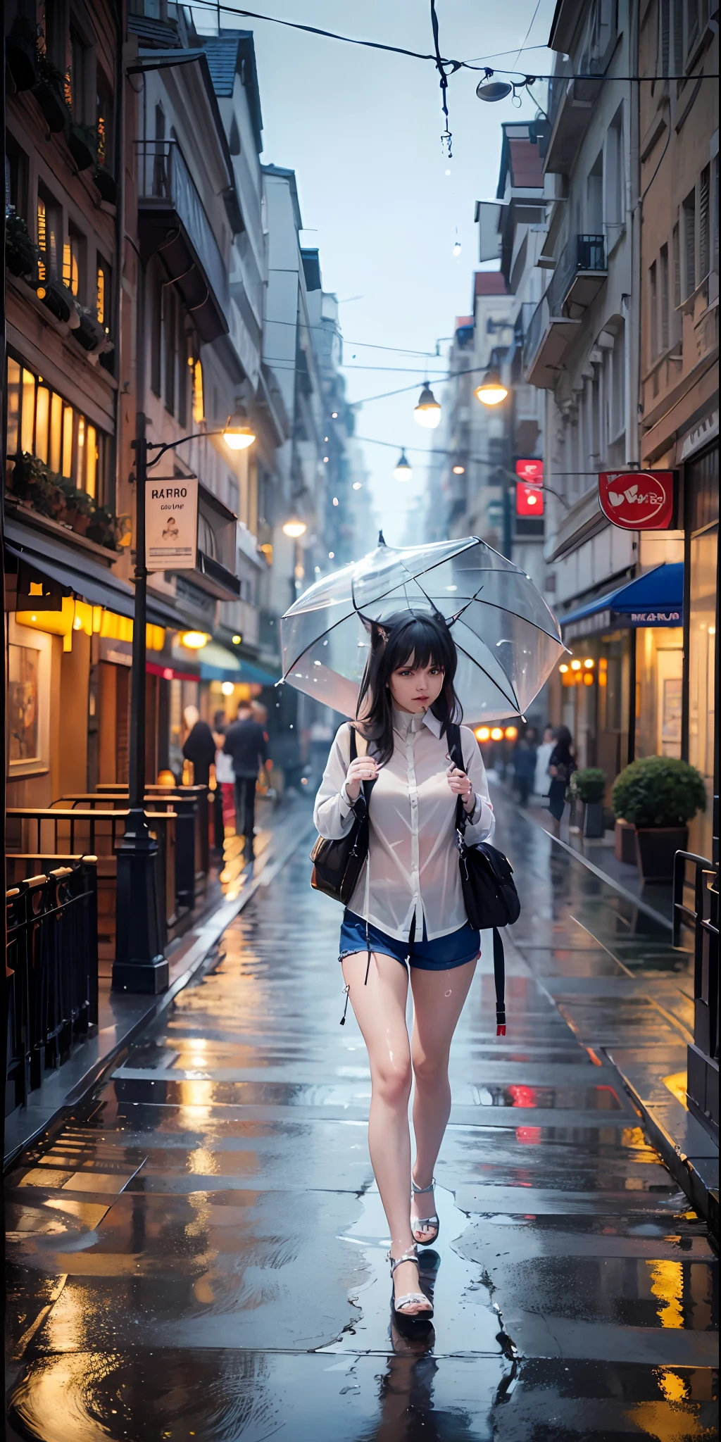 (8k, RAW photo, high sensitivity, best quality, masterpiece, ultra high resolution, fidelity: 1.25), upper body, cat ears, (night), rain, walk, city lights, delicate face, wet white shirt
