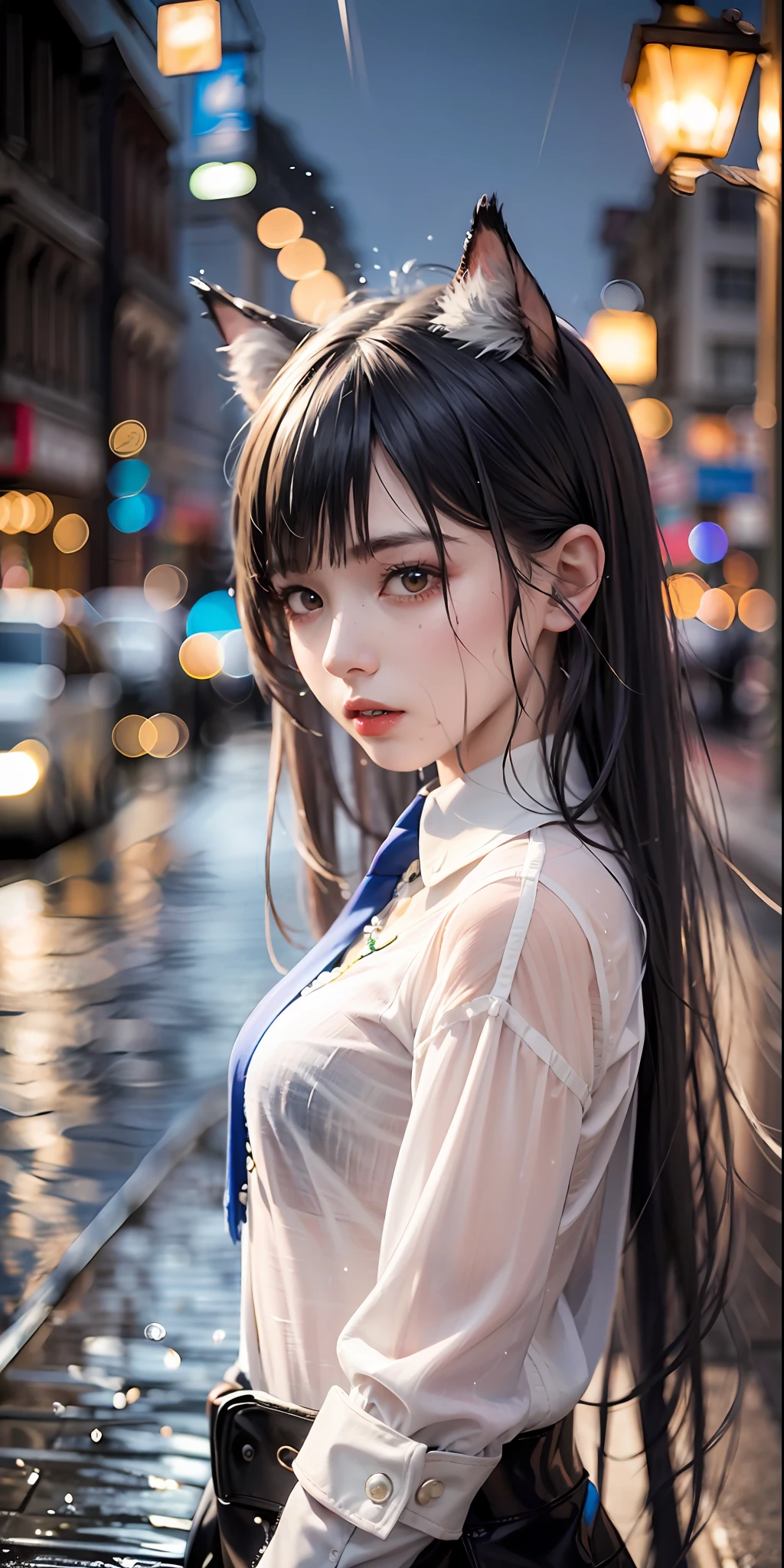 (8k, RAW photo, high sensitivity, best quality, masterpiece, ultra high resolution, fidelity: 1.25), upper body, cat ears, (night), rain, walk, city lights, delicate face, wet white shirt