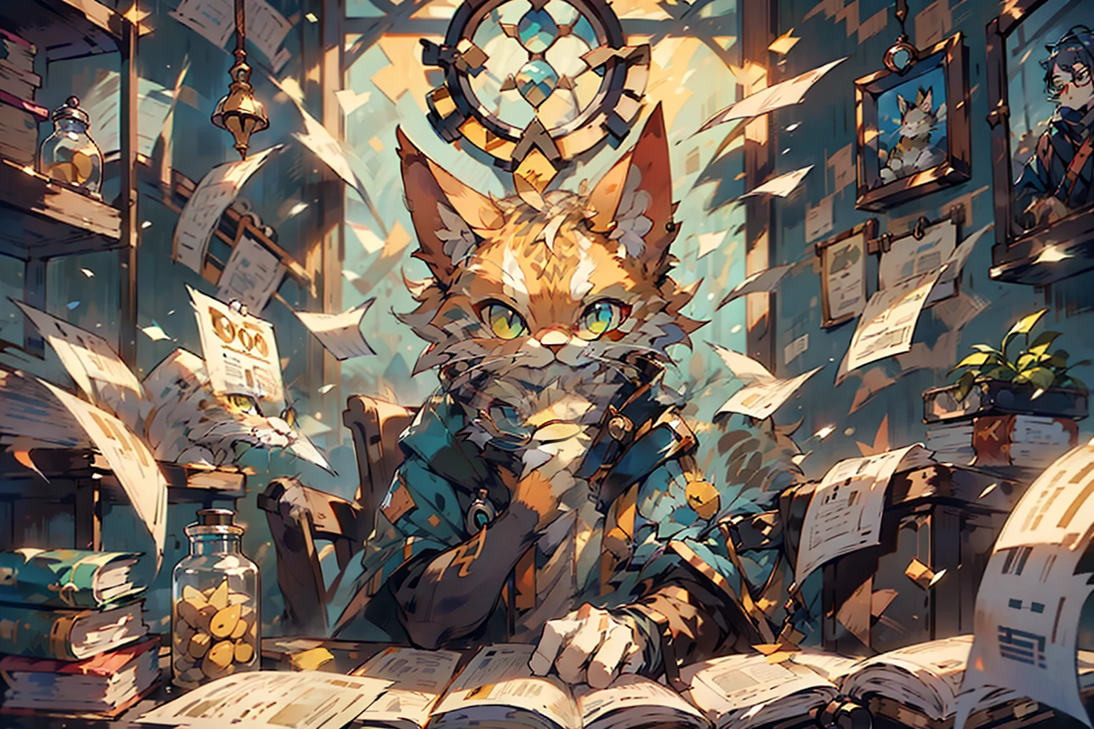 gato, antropomorfo, jaqueta, eyeglass,, wearing goggles, inteligente, confiante, doutor gato (muito detalhado CG unidade 8k papel de parede), corpo humano, obra-prima, alta qualidade, melhor qualidade, majo, perfect lighting