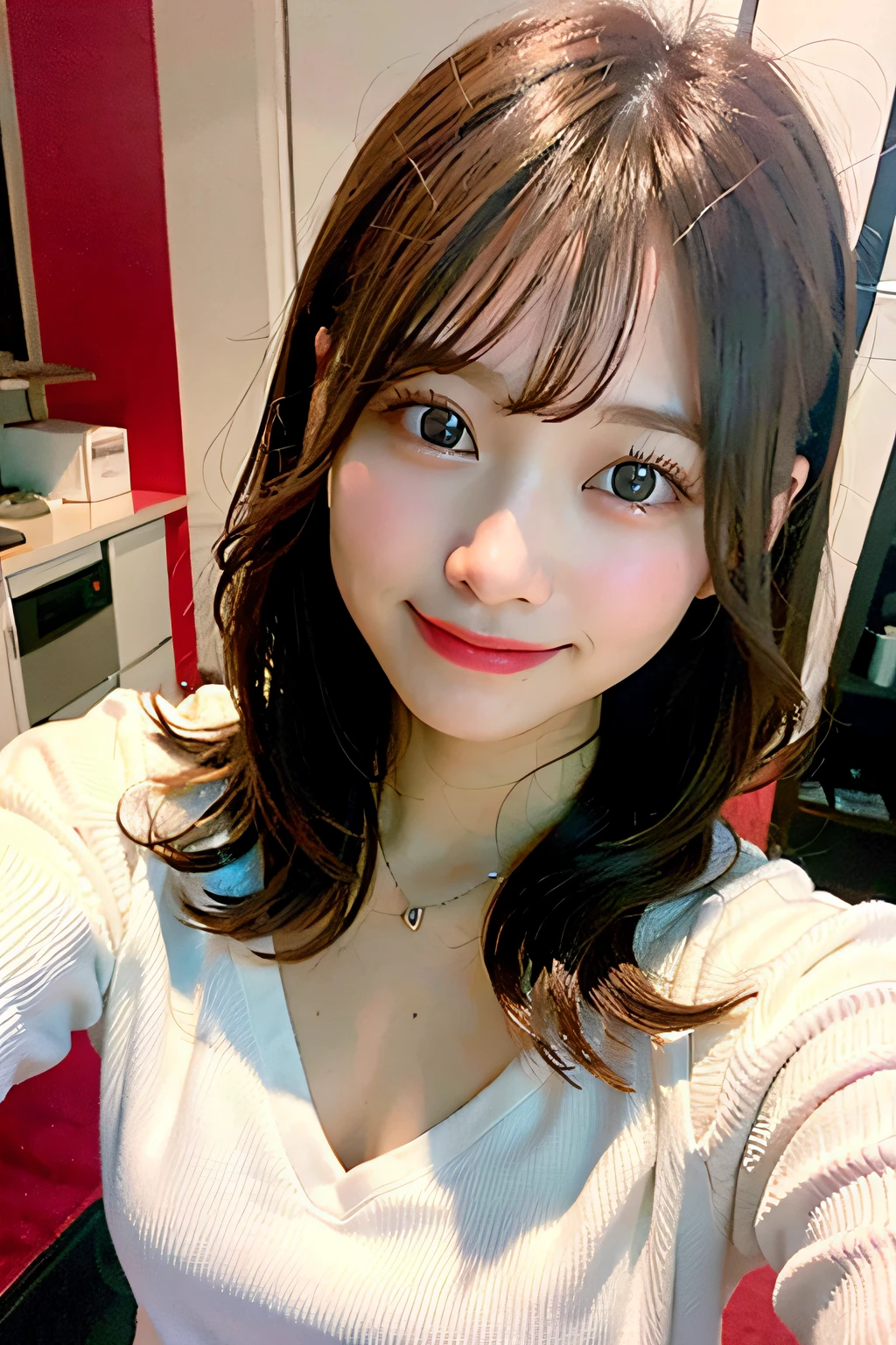 Beautiful woman with calm and attractive Japan、half body photo、Delicate and sexy collarbone、Attractive plump face、二重まぶた、Smart tilted eyes、Pink lips、small upturned nose、((Normal breasts))、bare shoulders、Focused face、facial close-up、Ultra-high definition、Cotton Jersey Sweatshirt、Highly detailed and elegant appliqués、Cotton Jersey、It features a loose and loose silhouette。(realisitic、Photorealsitic:1.4)、(masterpiece)、(top-quality:1.4)、(超A high resolution:1.2)、(Raw photography:1.2)、(foco nítido:1.3)、(Face Focus:1.2)、vibrant detail、hyper realisitic、(elegent)、Photo of a cute Japanese woman、Slimed、Slender West、Medium Hair、From above、cowboy shot、(selfee)、 (Happy smiling face:1.35)、shinny skin、fair white skin、BREAK、bangss、beautiful finely detailed eyes、makeup、Look at viewers、(cute little)、(Soft lighting)、finely detail、