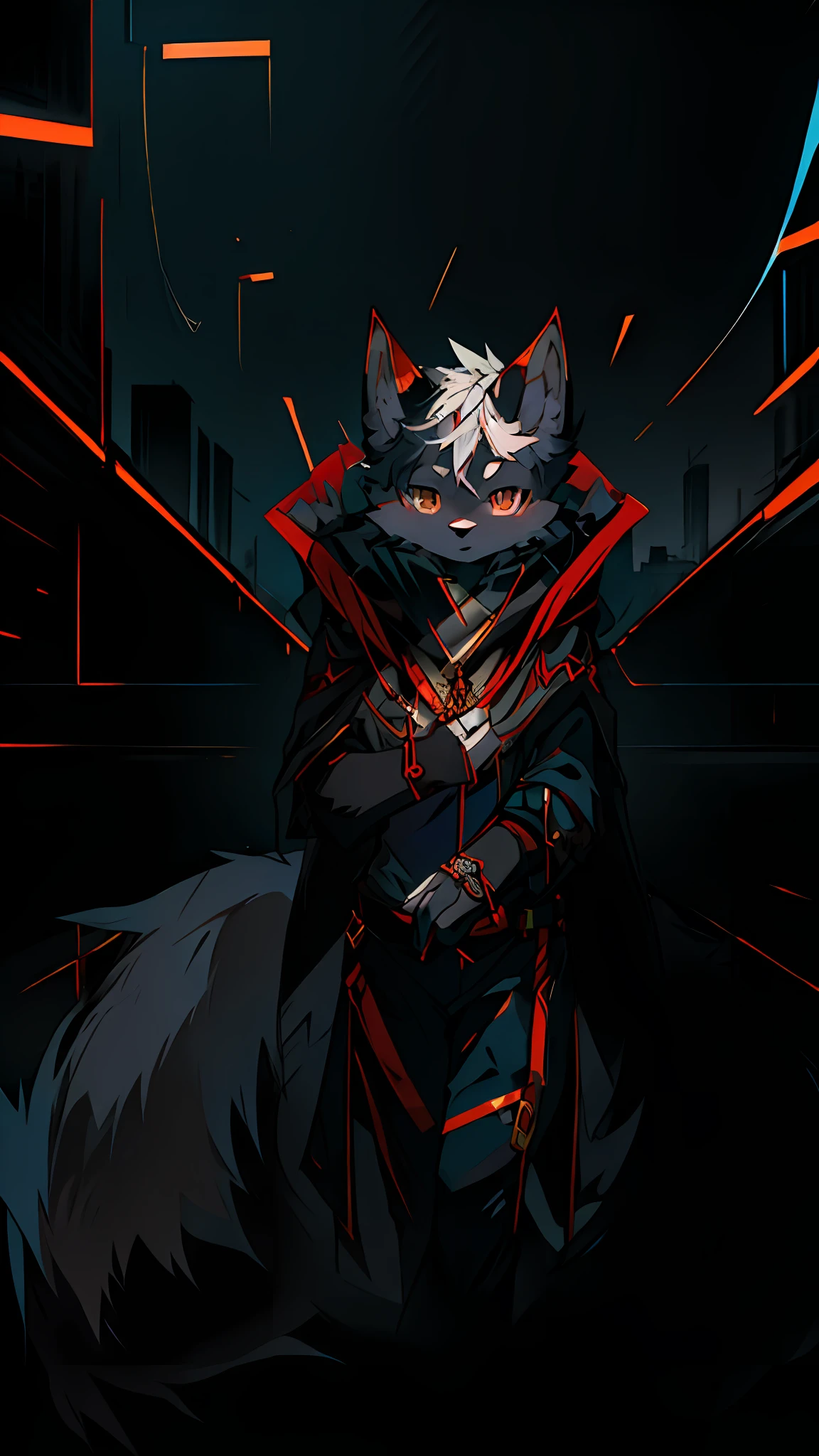 Anime - style illustration of wolf in cape and sickle, anthropomorphic cyberpunk fox, black fox mage, arcane art style, from the night of the ark, Flsona art, very, very beautiful furry art, drawn in mysterious style, Duelyst style, high resolution committee, official character art, zero zen art