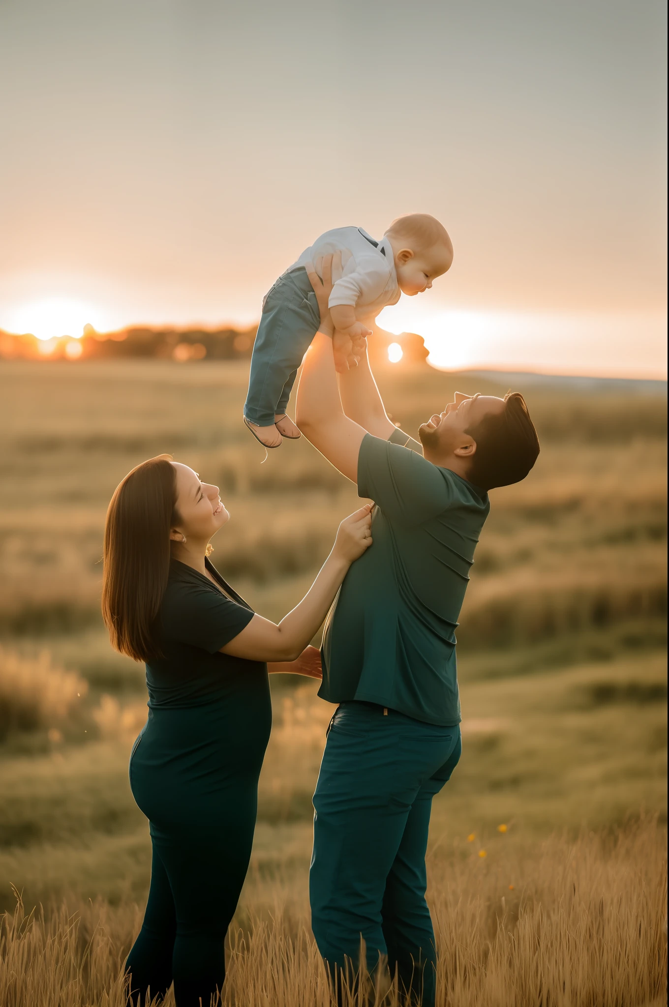 There is a man and a woman holding a baby in a field, family photography, Happy family, Foto de 8 0 mm, Tiro na Hora de Ouro, imagem retrato, 8 Fotografia de 5 mm, portrait of family of three, family portrait, Amostra de foto de luz de fundo, Foto tirada com Sony A7R, Familiar, Foto tirada com Nikon D 7 5 0