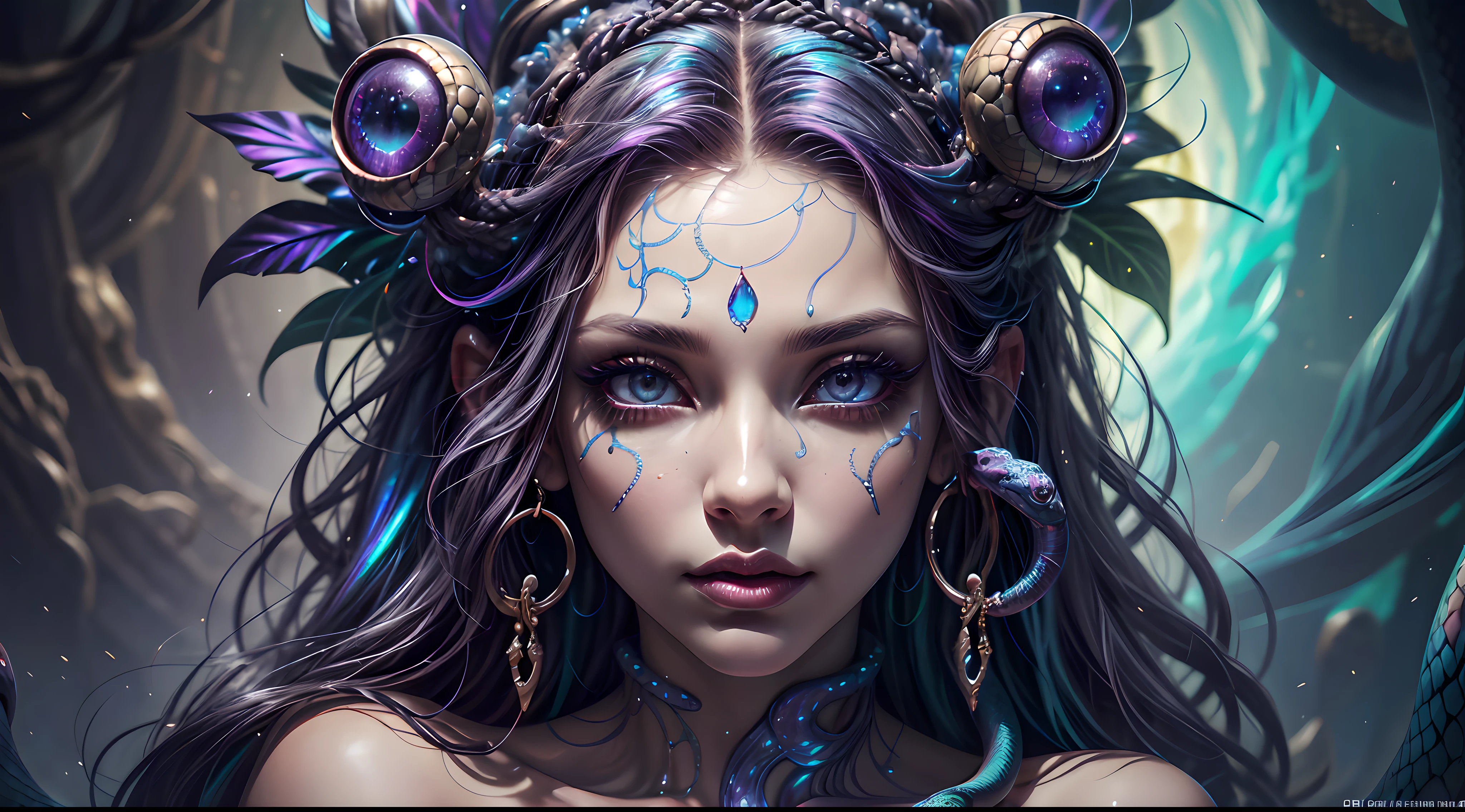 Prepare to be enthralled by the mesmerizing visage of a stunning petite (((Medusa))), whose beauty defies conventional expectations. Her stunning face is highly detailed and incredibly unique, with high cheekbones, puffy lips, and a big mouth. Bathed in an ethereal glow, (((her serpent-adorned tresses cascade around her in a captivating display.))) (((Each snake possesses a vivid, iridescent hue))), lending an air of enchantment to her presence. With piercing eyes that hold both allure and danger, she captivates all who dare to gaze upon her. Her eyes are 8k eyes, hires eyes, beautiful eyes, beautiful detail eyes, beautiful detailed eyes, perfect eyes, realistic eyes. Witness the powerful allure of this beautiful Medusa as she challenges preconceived notions and weaves a tale of both mystery and fascination. Delve into this captivating artwork and embark on a journey where beauty and danger intertwine in a spellbinding dance .Include iridescent, phantasmal iridescence. Camera: utilize dynamic composition to enhance fantasy elements. (masterpiece:1.1), (best quality:1.1), (anatomically correct:1.1), (perfect arms:1.1), ((detailed face:1.3)), (detailed skin), (perfect eyes), (perfect nose), (realistic), octane render, sharp focus, (8k), (4k), (Masterpiece), (Best Quality), ((huge lips:1.3)), ((ornate))