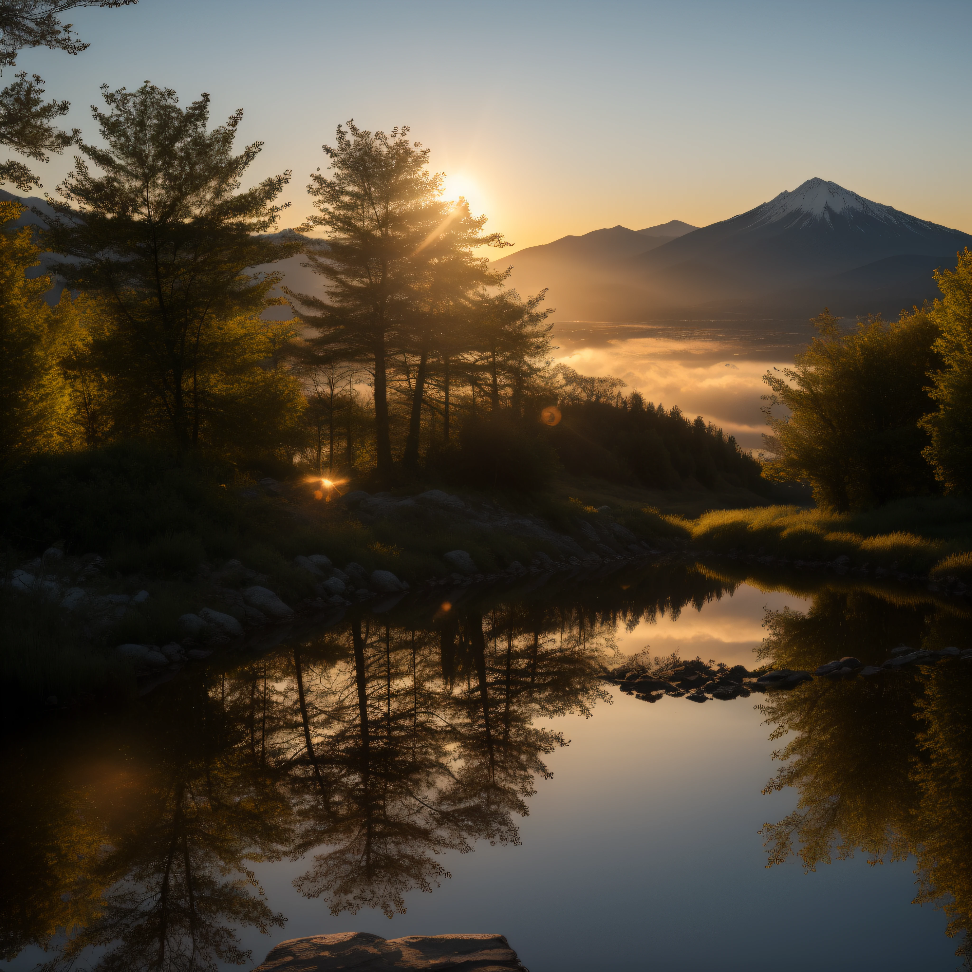 Loup de feu, aigle, ours, Coucher de soleil sur la montagne, reflection light, Fujifilm, Lens Flare, Nikon, High quality, award winning, high resolucion, 8k