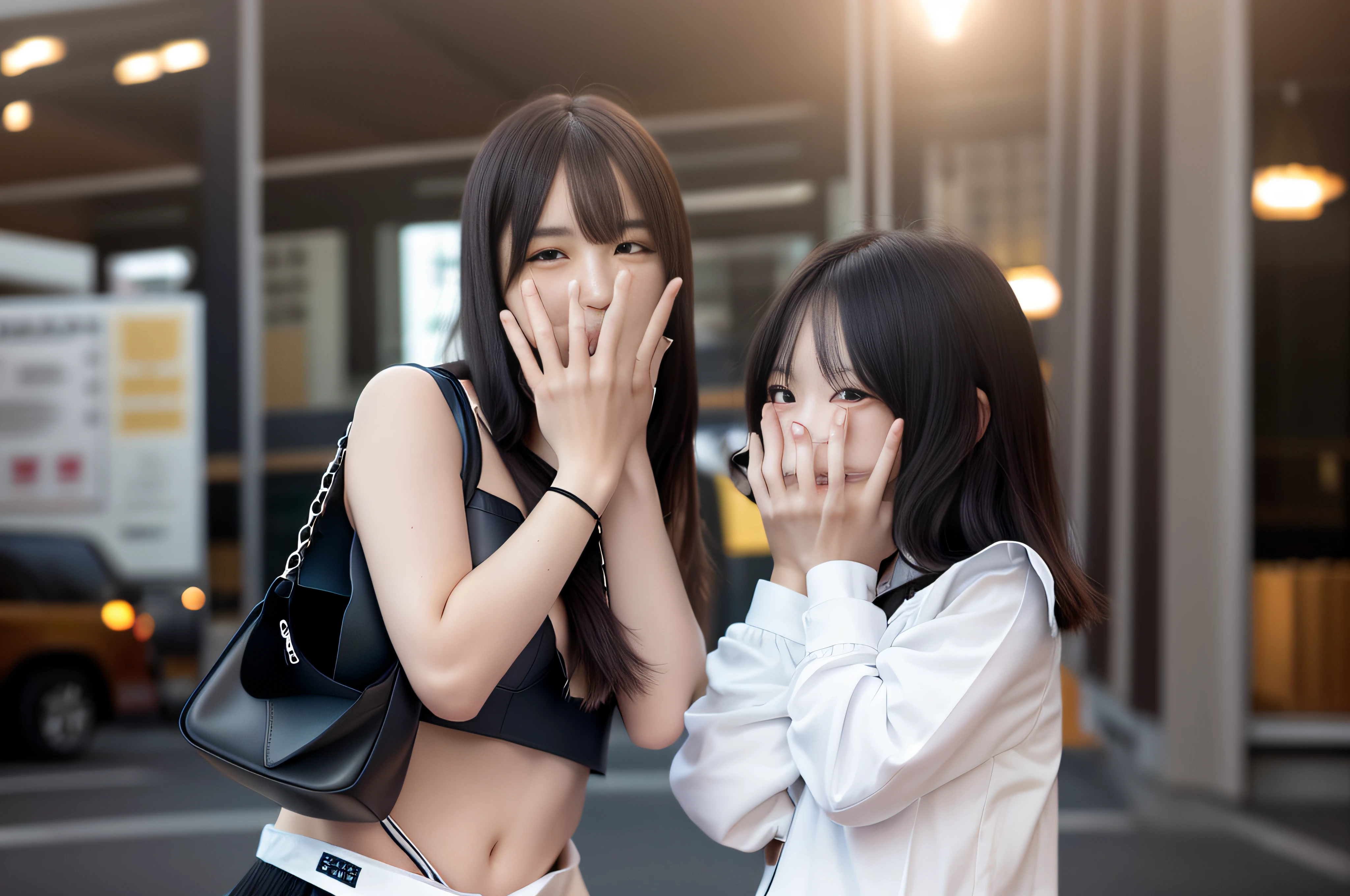 Two women in face coverings standing next to each other, taken with canon 8 0 d, taken with canon eos 5 d mark iv, taken with a canon eos 5 d, taken with canon 5d mk4, taken with sony alpha 9, Two girls, two japanese schoolgirls posing, taken with sony a7r camera, photo taken with sony a7r、Clothes with the navel out、Sexy outfits、Reveal clothing、Ha is just、younggirl、light skinned、enticing、dual、The Two of Us