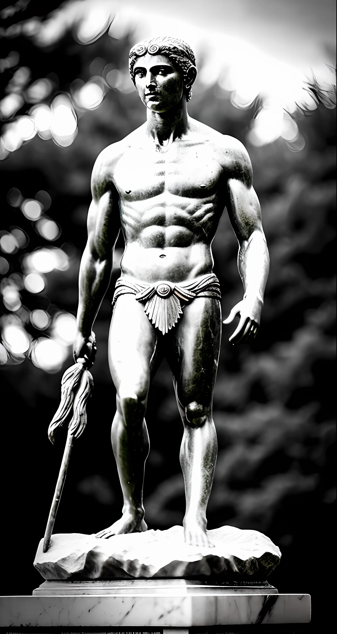 Black and white marble statue of a male warrior god, cinematic lighthing, profundidade de campo, Bokeh, Realismo, fotorrealista, hiper-Realismo, fotografia profissional, UHD, DSLR, HDR, Ambient occlusion, iris and pupil rendering, Advanced color sorting