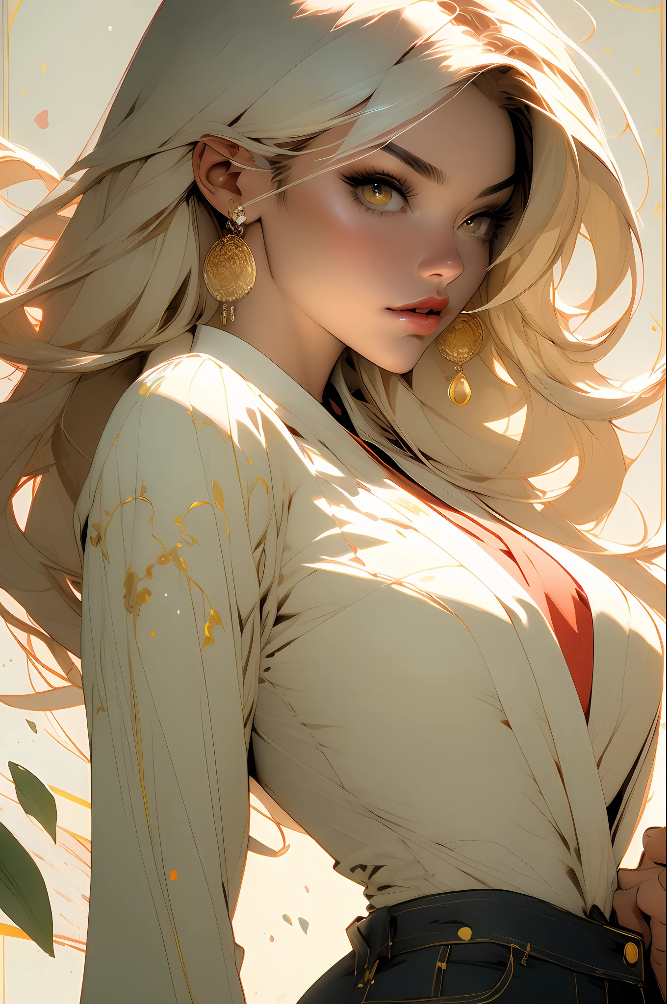 Featured Backstory with mixed language_Texto em Letras japonesas no graffit, Ashley Alexiss mulher bonita, cabelos pretos longos, Excellent lighting, side-lighting, final perfeito (gradiente de chiclete rosa de cor plana: 1.3), (revista_cobrir com letreiros : 1.4), (multicolorido_Background Story: 1.3), listrado_Background Story, card_Background Story, :: discs with sharp, shiny blades in hand :: circular pieces of white metals glued to the ultra detailed arms coming out of shimmering glow, Design de estrela preta estampado no meio da camiseta, corpo escultural perfeito e detalhado, camisa Ultra detalhada com design abstrato e com estampa de letras japonesas em grafite das laterais da roupa, worn jeans, peito grande, com efeitos imersivos, efeito de foco, flores estilo grafite de fundo com flores e cores vibrantes, "Ultra" HDR detalhado e com efeito de foco, (master part: 1.2, best quality), (beautiful emerald yellow eyes with huge finely detailed eyelashes: 1.2), ,(olhos finamente detalhados e rosto detalhado:1.3),belos olhos Ultra-detalhados,