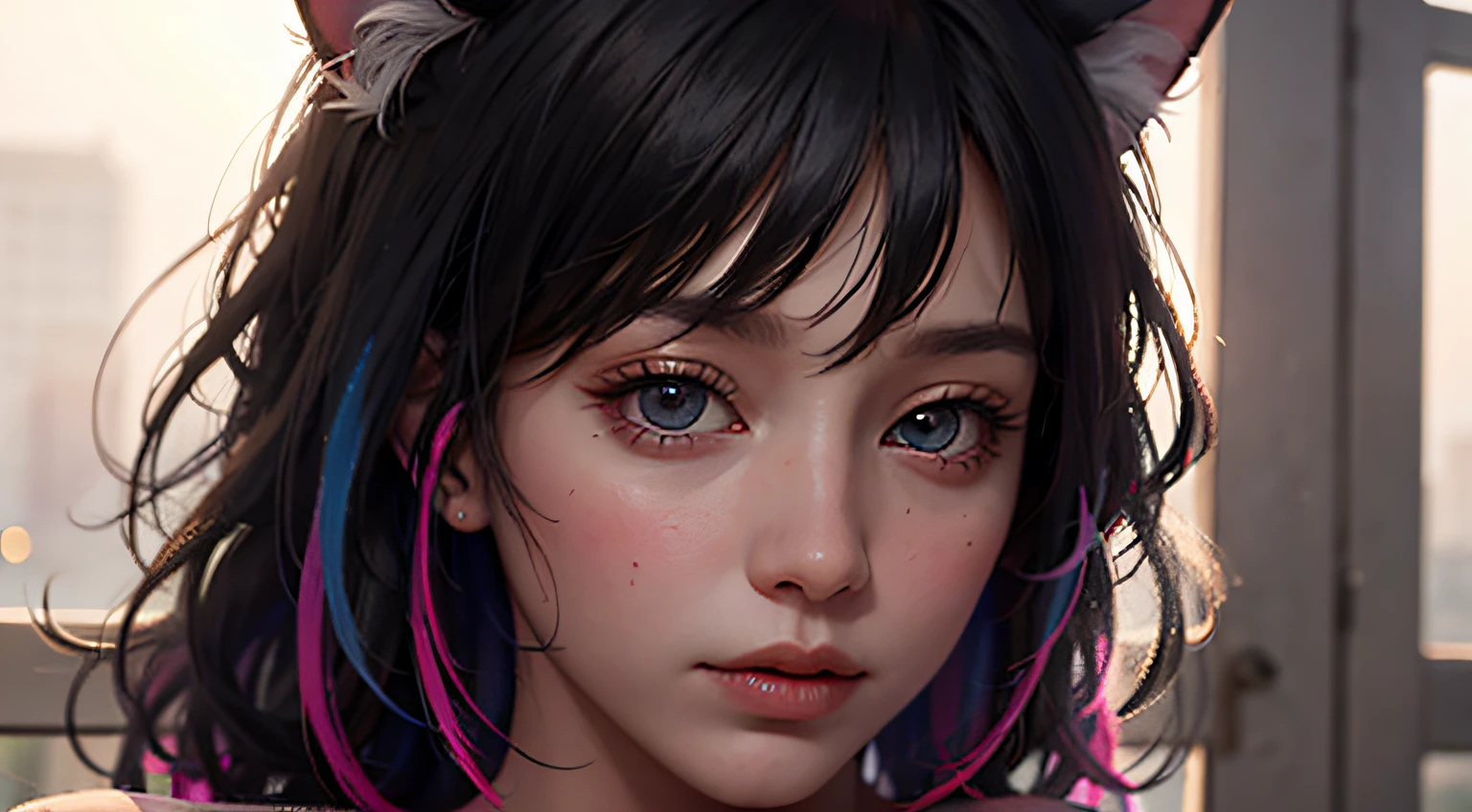 streaked hair, cat ears, Long flowing hair, high detail, backlighting, close-up, bokeh, UHD --auto