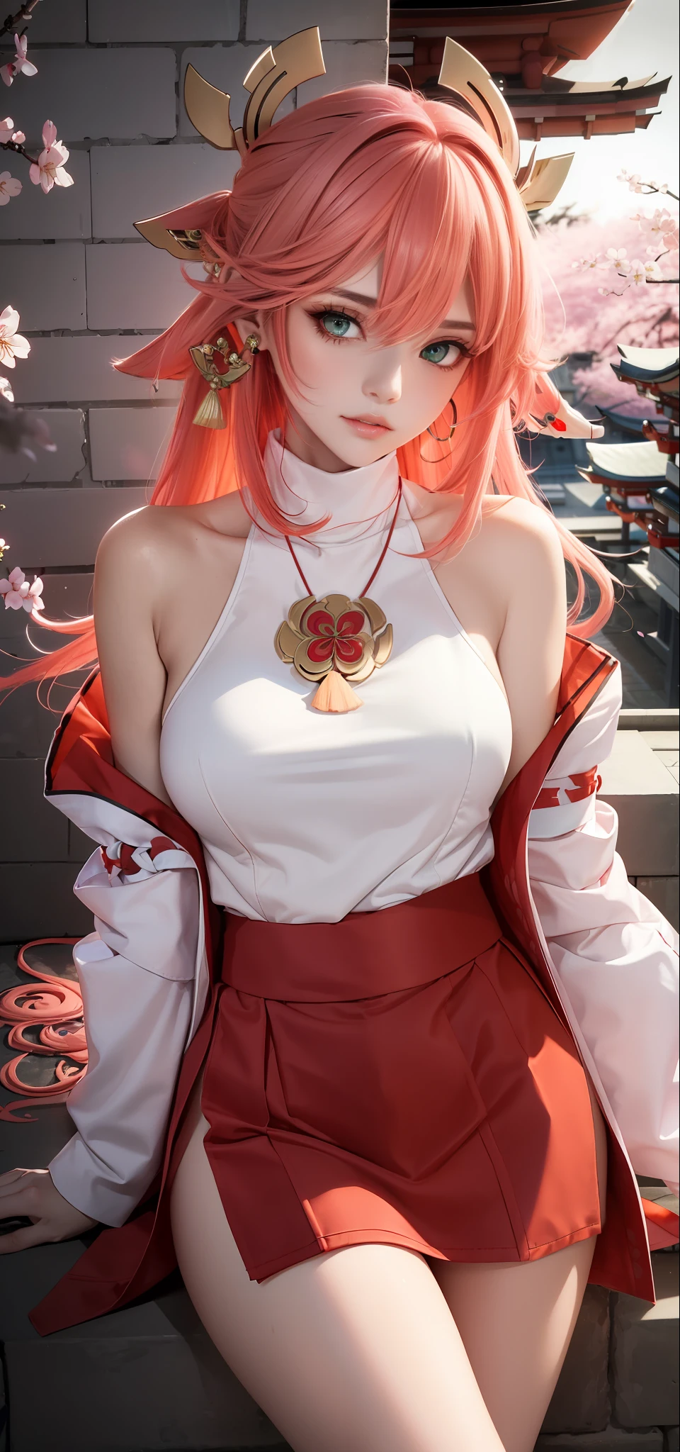 (Masterpiece, Excellent, 1girl, solo, complex details, color difference), realism, ((medium breath)), off-the-shoulders, big breasts, sexy, Yae Miko, long pink hair, red headdress, red highlight, hair above one eye, green eyes, earrings, sharp eyes, perfectly symmetrical figure, choker, neon shirt, open jacket, turtleneck sweater, against the wall, brick wall, graffiti, dim lighting, alley, looking at the audience, ((mean, seductive, charming)), ((cherry blossom background ))),((Japanese temple background)))), (((Glow-in-the-dark background)))
