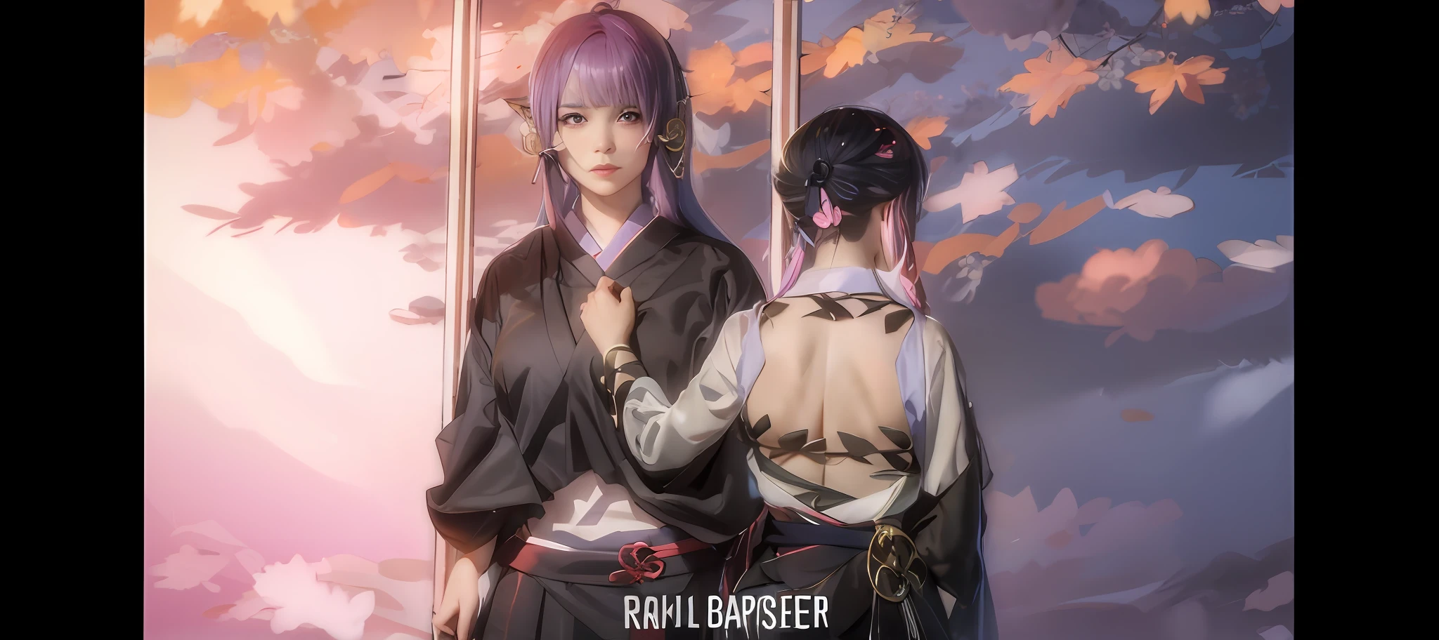 masterpiece, best quality,multiple girls, breasts, 2girls, yae miko, raiden shogun, purple eyes, pink hair, japanese clothes, purple hair, large breasts, long hair, cleavage, hair ornament, thighs, purple kimono, thighhighs, bangs, animal ears, detached sleeves, fox ears, wide sleeves, kimono, moon, weapon, braid,(kbxll:0.8)