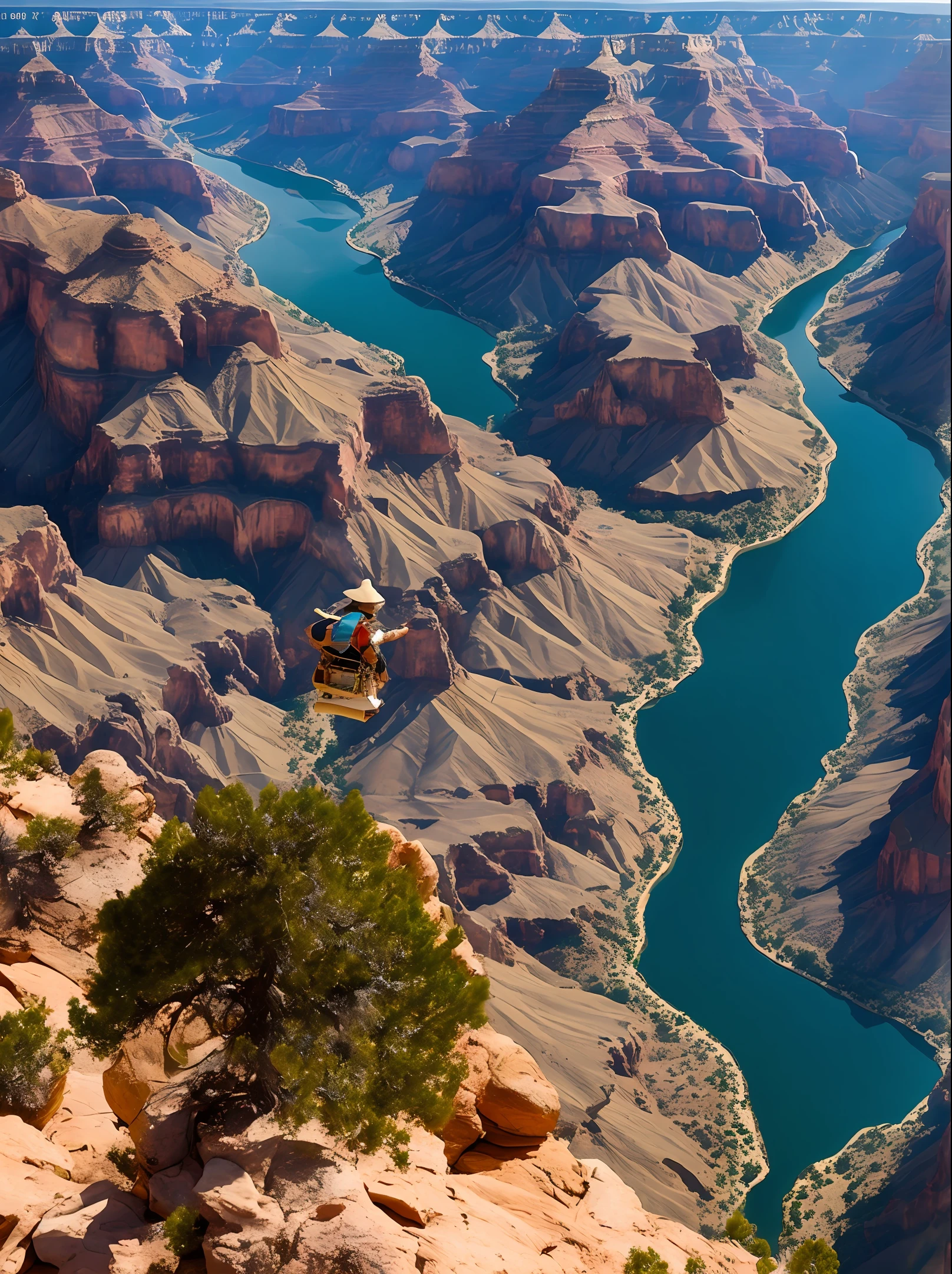 An ancient Chinese man flies above the Grand Canyon