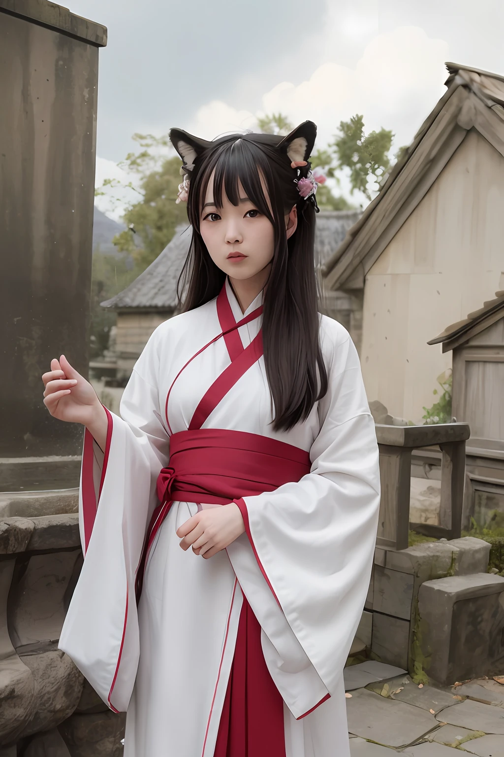 whaite hair，fox demon，Female fissure，Hanfu，ancient wind