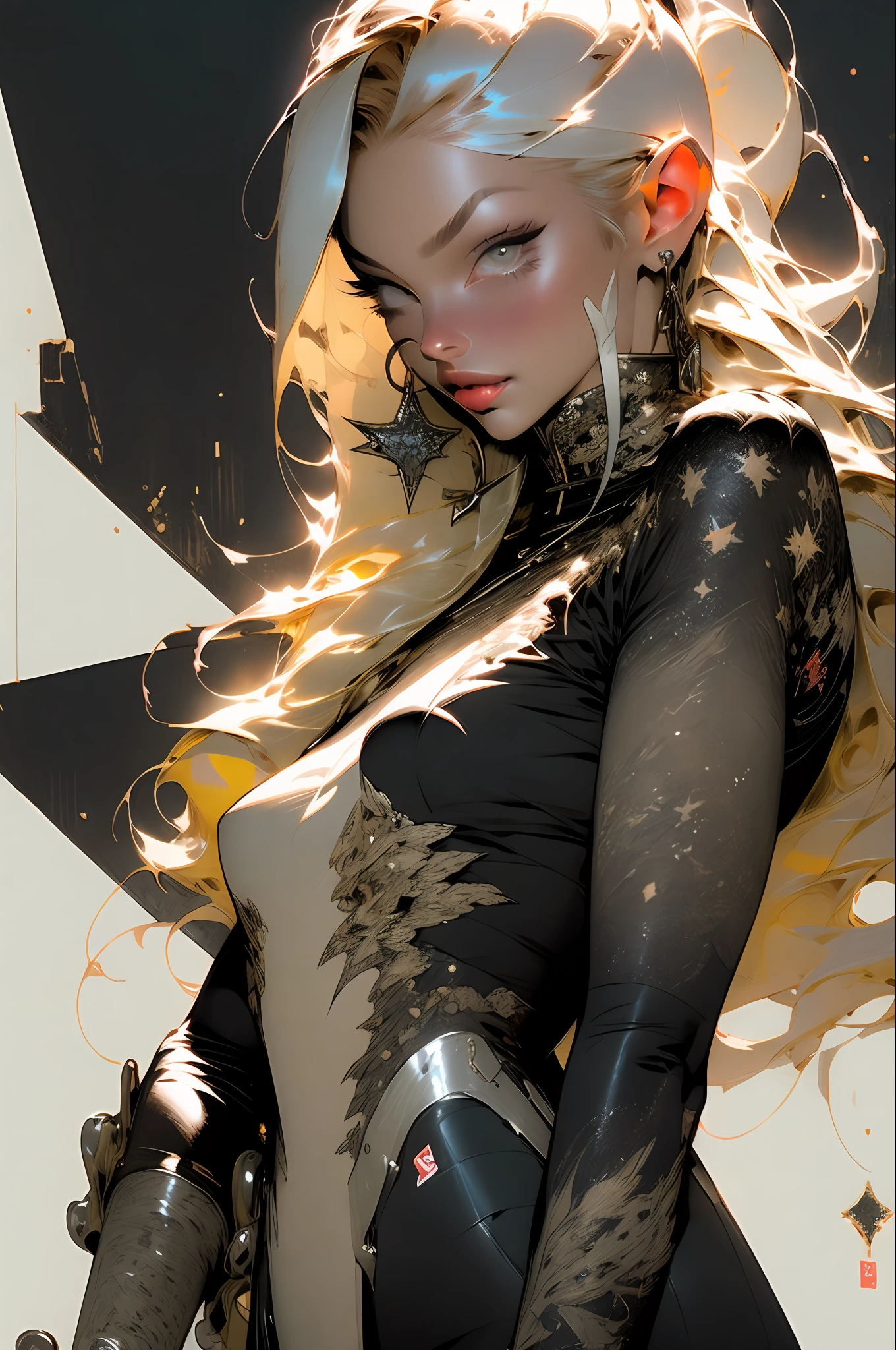 background, mixed-language_text, Japanese letters in graffit, girls, long blonde hair, excellent lighting, sidelighting, perfect ultimate (flat color: 1.3), (magazine_cover: 1.4), (multicolored_background: 1.3), striped_background, card_background, :: discs with sharp and shiny blades in the hand :: circular pieces of white metals glued to the ultra detailed arms coming out sparkling glow, black star design stamped in the middle of the shirt , perfect and detailed, ultra detailed shirt with abstract design and with Japanese letter print in graffiti on the sides of the clothes, image of girls with big breast, on top of a futuristic motorcycle, with immersive effects, hover effect, background graffiti style tribal tattoo with flowers and vibrant colors, "ultra HDR" detailed and with focus effect, (masterpiece: 1.2, best quality), (beautiful eyes with huge eyelashes finely detailed: 1.2), , ((Solo)), (Finely detailed eyes and detailed face :1.3), in various full-body attack poses, (cute background: 1.2),futuristic costume, super detailed circular metals Grabbed on arms and pants, fantastic paintings