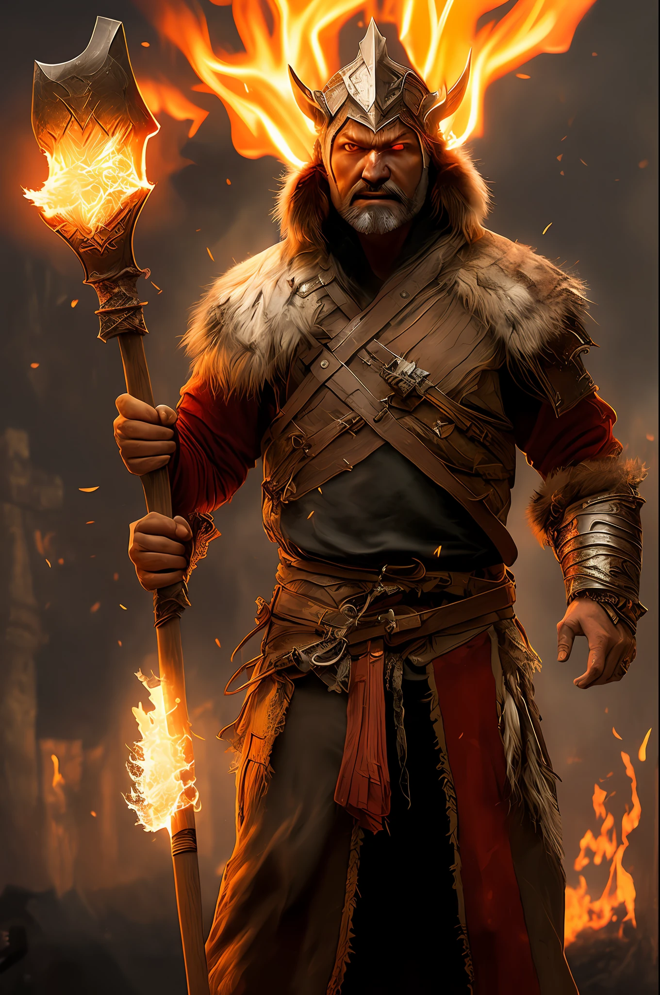 close up photo of Man Warrior with (glowing red flaming axe:1.2) (in hands:1.2), remain relevant in age-old battles, with fearless face, (fur:1.2), (hearless man:1.2), realistic action photo, (((hdr))), hyperdetailed, cinematic, cool lights, intricate details, muscle, perspective view, UHD, 64k, unreal