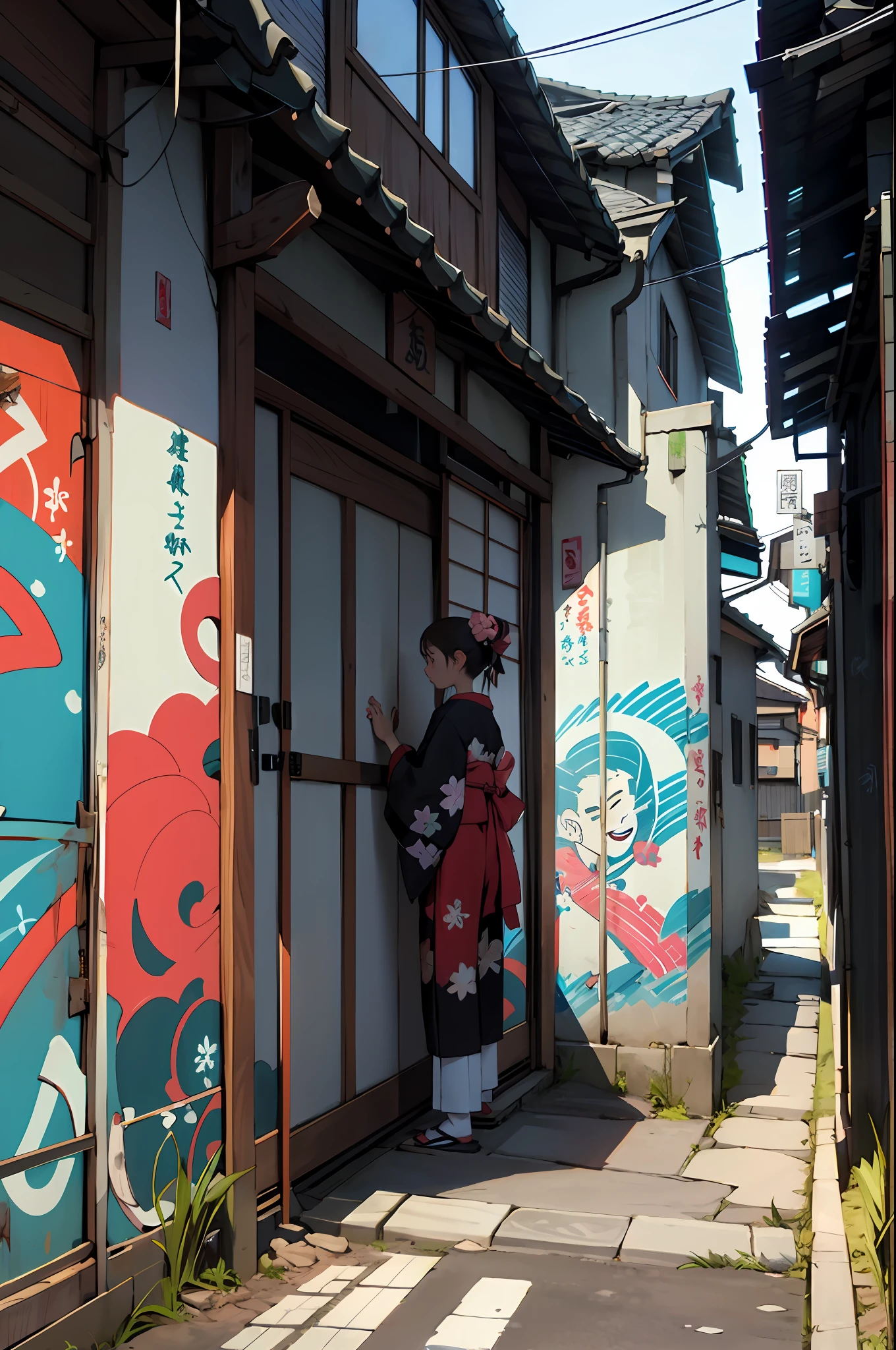 background, mixed-language_text, Japanese letters in graffit girl