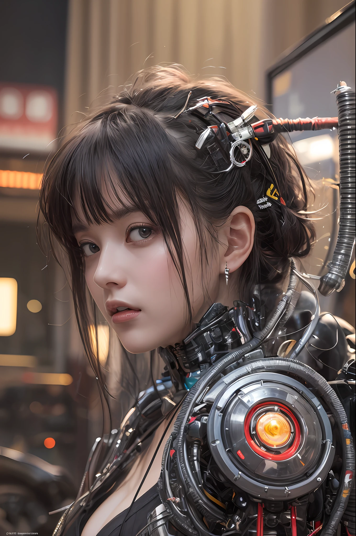 Top Quality, Masterpiece, Ultra High Resolution, (Photorealistic: 1.4), Raw Photo, 1 cyberpunk Girl, Black Hair, Glossy Skin, 1 Mechanical Girl, (Ultra Realistic Detail)), Full body, Global Illumination, Contrast, Shadows, Octane Rendering, 8K, Ultra Sharp, Cleavage Exposed, Raw Skin, Metal, Intricate Ornament Details, Japan Details, Very intricate details, realistic light, CGSoation trend, facing the camera, neon details, mechanical limbs, blood vessels connected to the tube, mechanical vertebrae attached to the back, mechanical cervical attachment to the neck, wires and cables connecting to the head, gundam, small LED lamps.