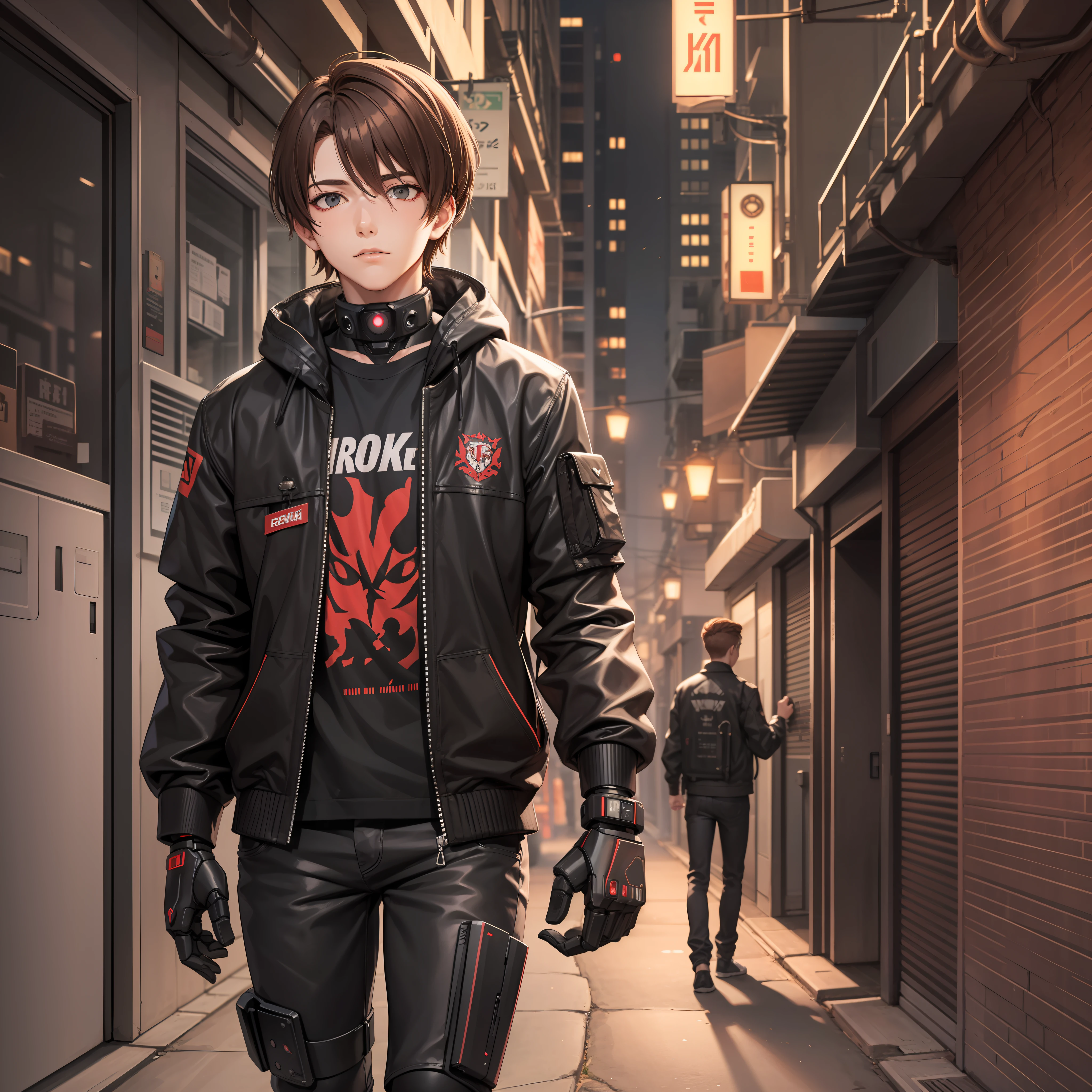 "（Black-red tones+cyberpunk）Streets and alleys，1pc(brown hair:1.3)Boys wear(black:1.2+dark:0.9)clothing，Wearing a robotic arm，(dark alley:1.2)Calm and silent"