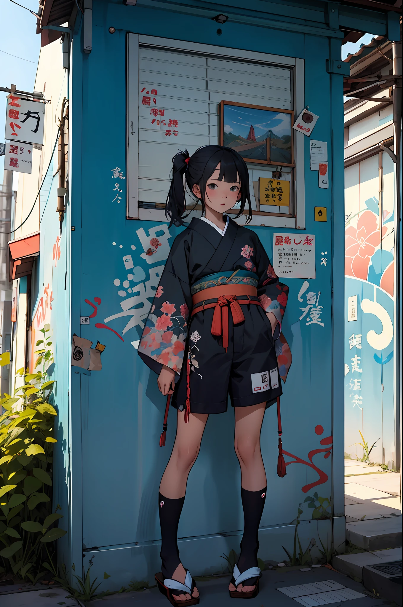 background, mixed-language_text, Japanese letters in graffit girl
