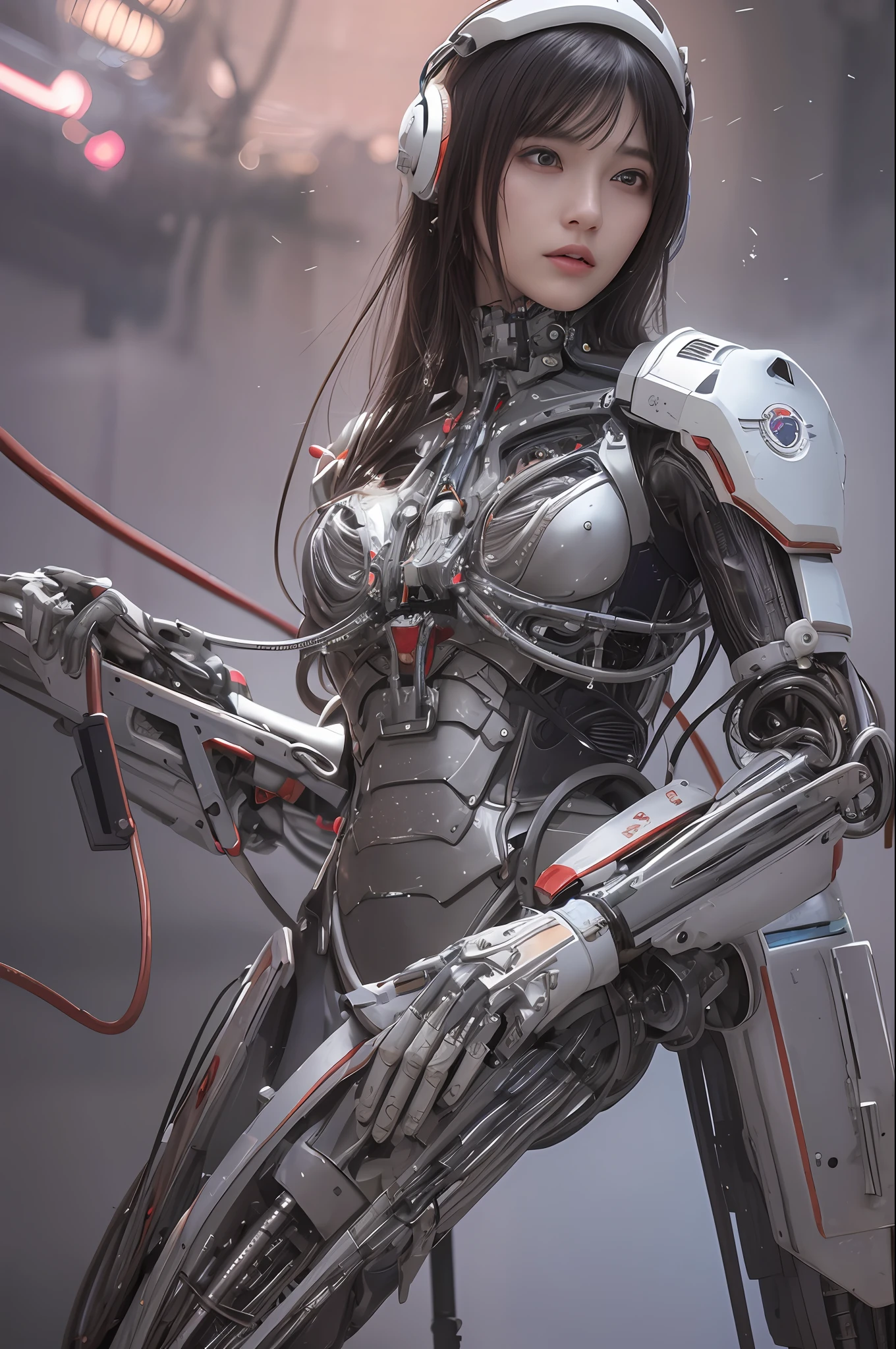 Top Quality, Masterpiece, Ultra High Resolution, (Photorealistic: 1.4), Raw Photo, 1 cyberpunk Girl, Black Hair, Glossy Skin, 1 Mechanical Girl, (Ultra Realistic Detail)), Full body, Global Illumination, Contrast, Shadows, Octane Rendering, 8K, Ultra Sharp, Cleavage Exposed, Raw Skin, Metal, Intricate Ornament Details, Japan Details, Very intricate details, realistic light, CGSoation trend, facing the camera, neon details, mechanical limbs, blood vessels connected to the tube, mechanical vertebrae attached to the back, mechanical cervical attachment to the neck, wires and cables connecting to the head, gundam, small LED lamps.